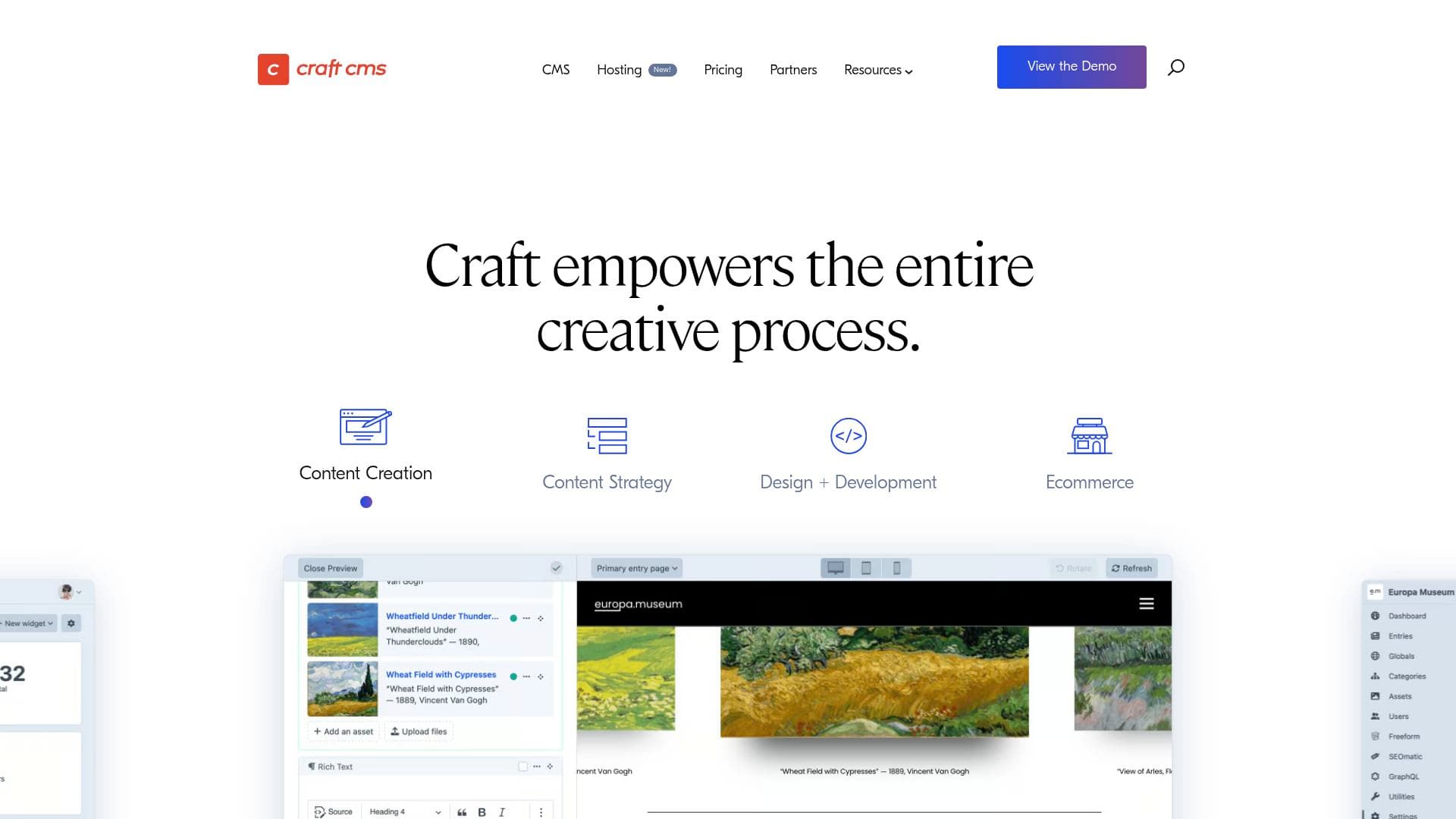 Craft CMS interface screenshot showing main features and user interface