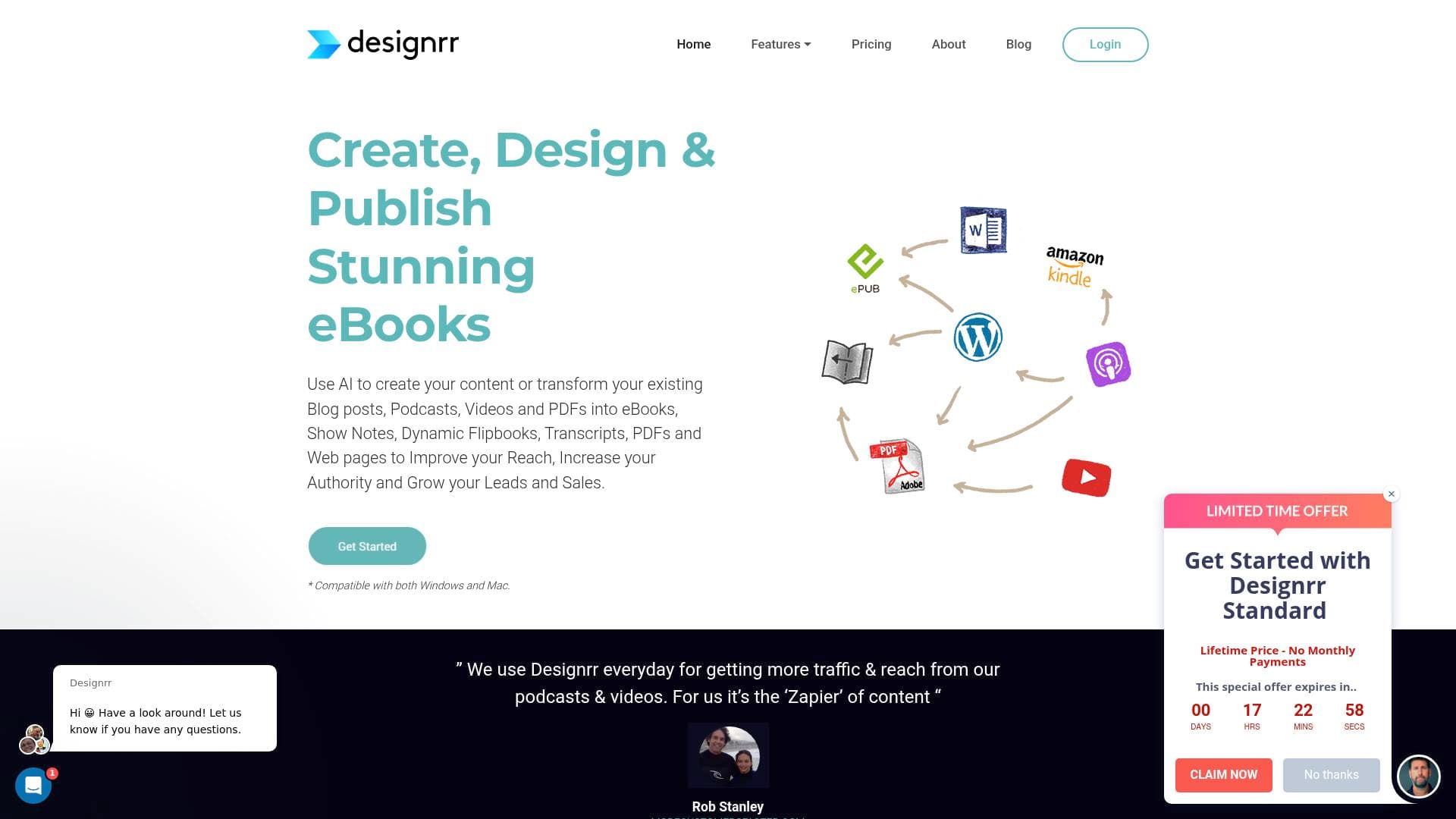 Designrr interface screenshot showing main features and user interface