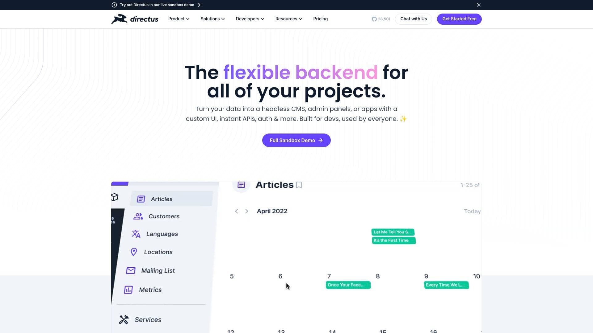 Directus interface screenshot showing main features and user interface