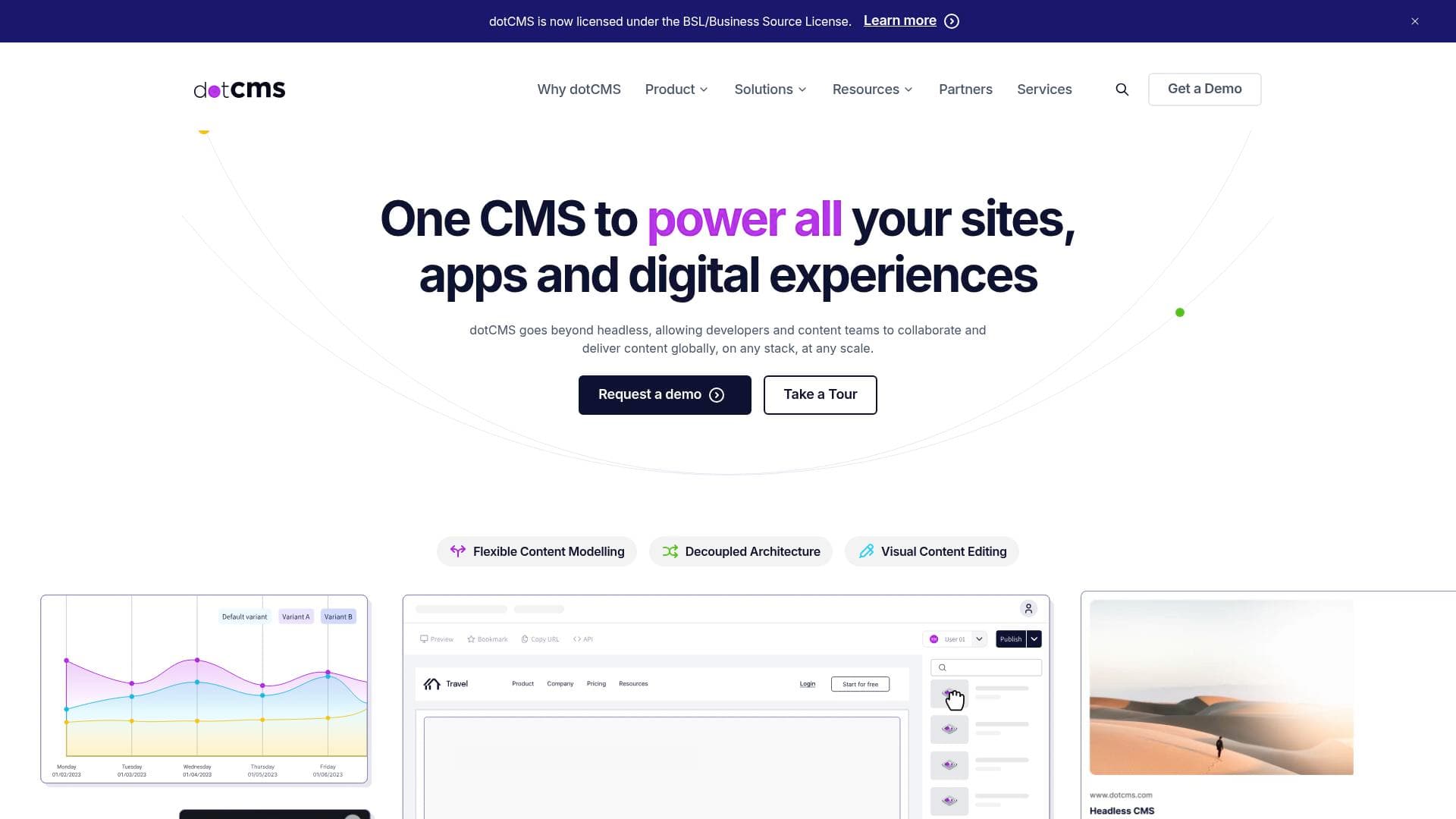 dotCMS interface screenshot showing main features and user interface
