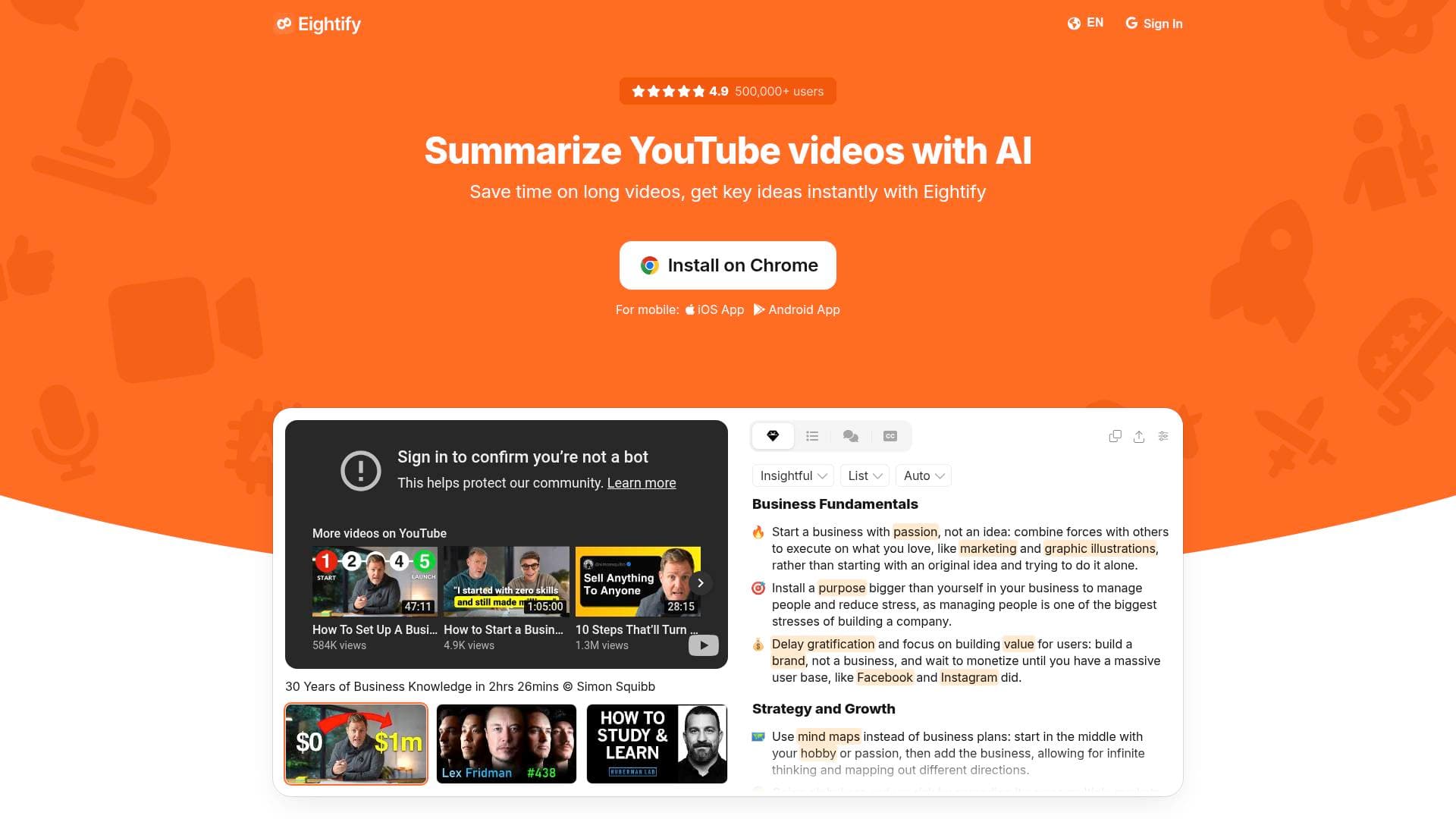 Eightify interface screenshot showing main features and user interface