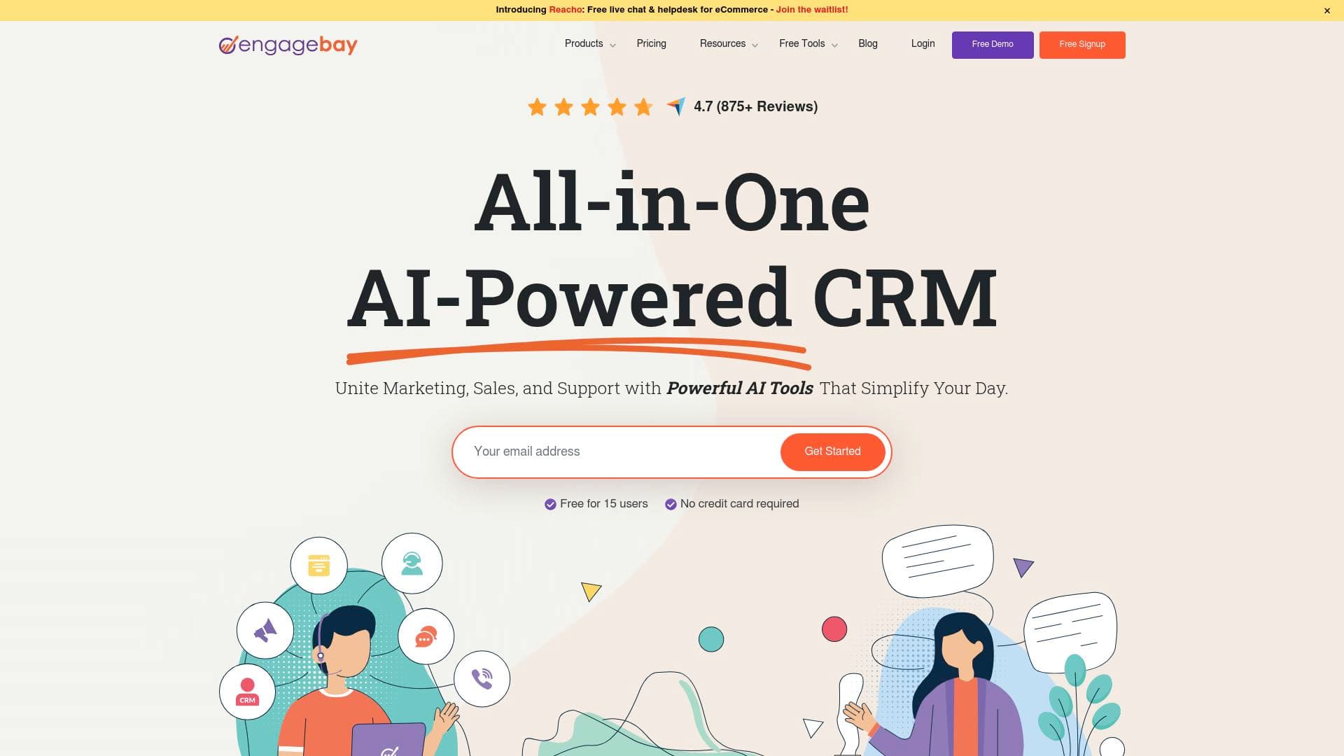 Engage Bay interface screenshot showing main features and user interface