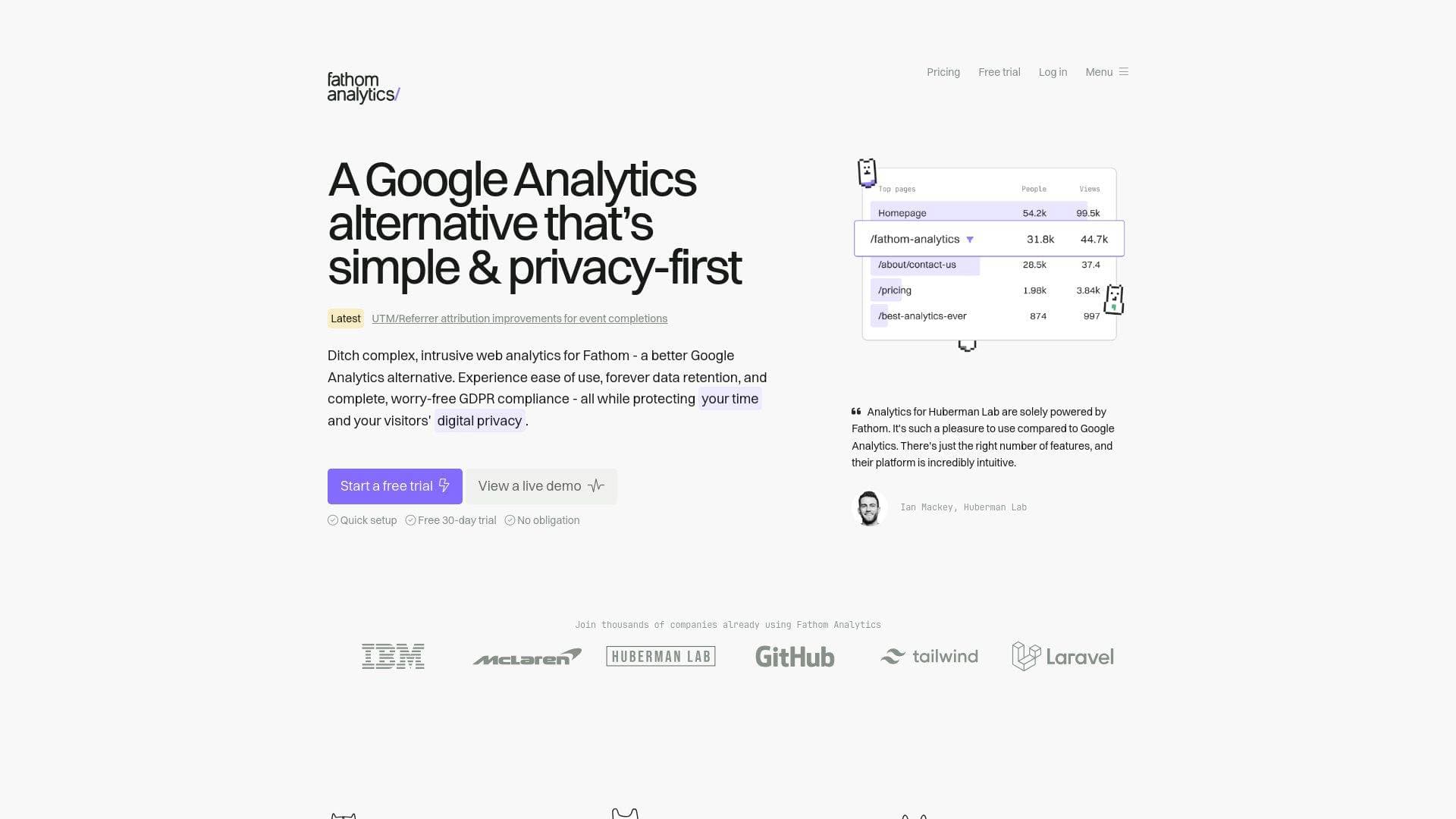 Fathom Analytics interface screenshot showing main features and user interface
