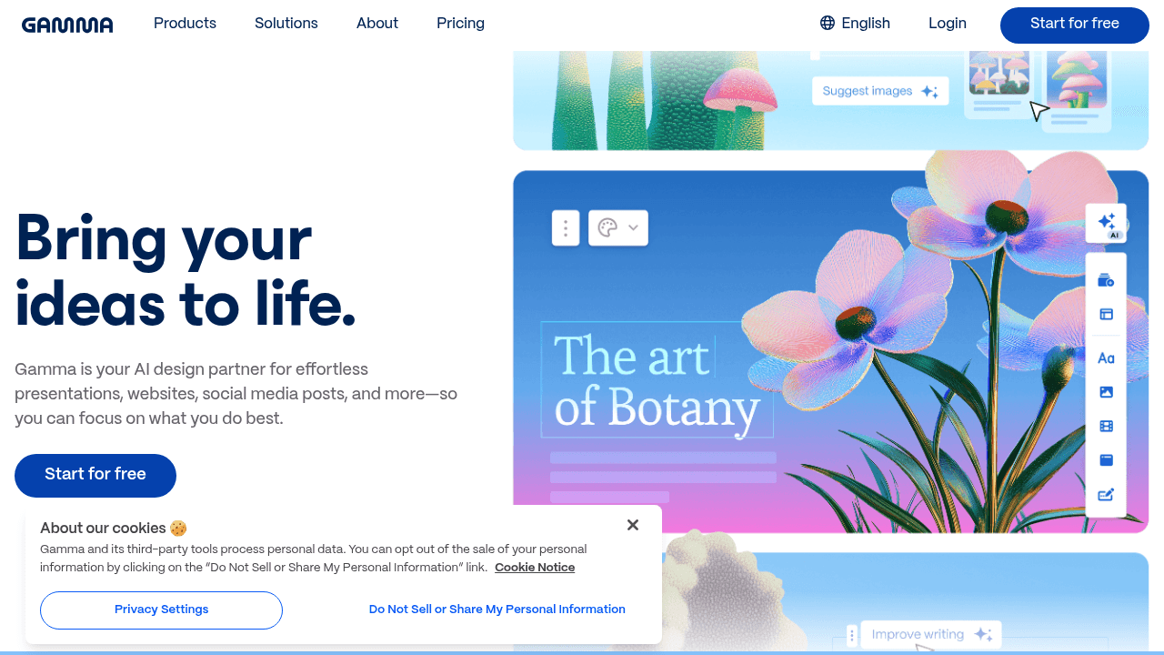 Gamma App interface screenshot showing main features and user interface