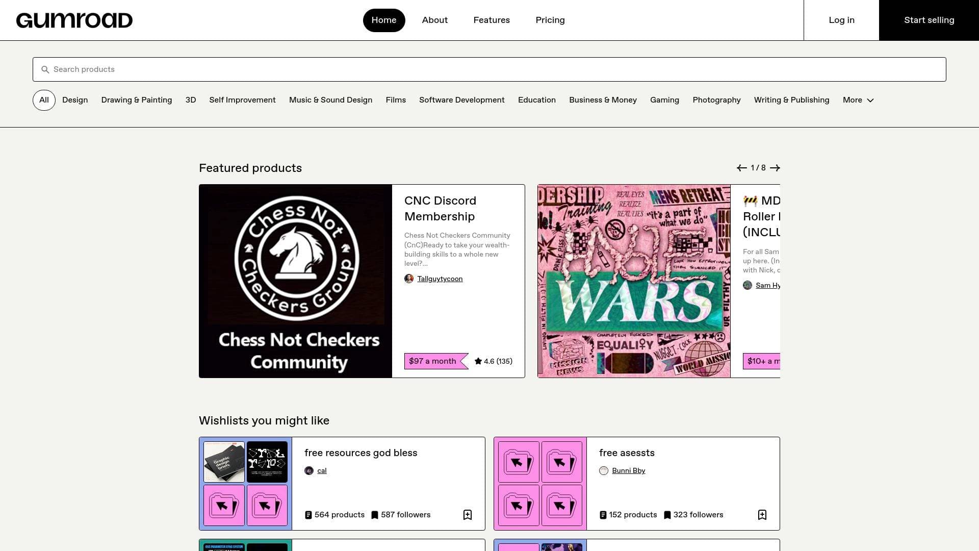 Gumroad interface screenshot showing main features and user interface