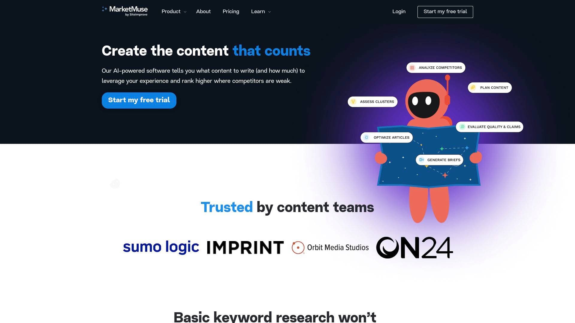 Market Muse interface screenshot showing main features and user interface