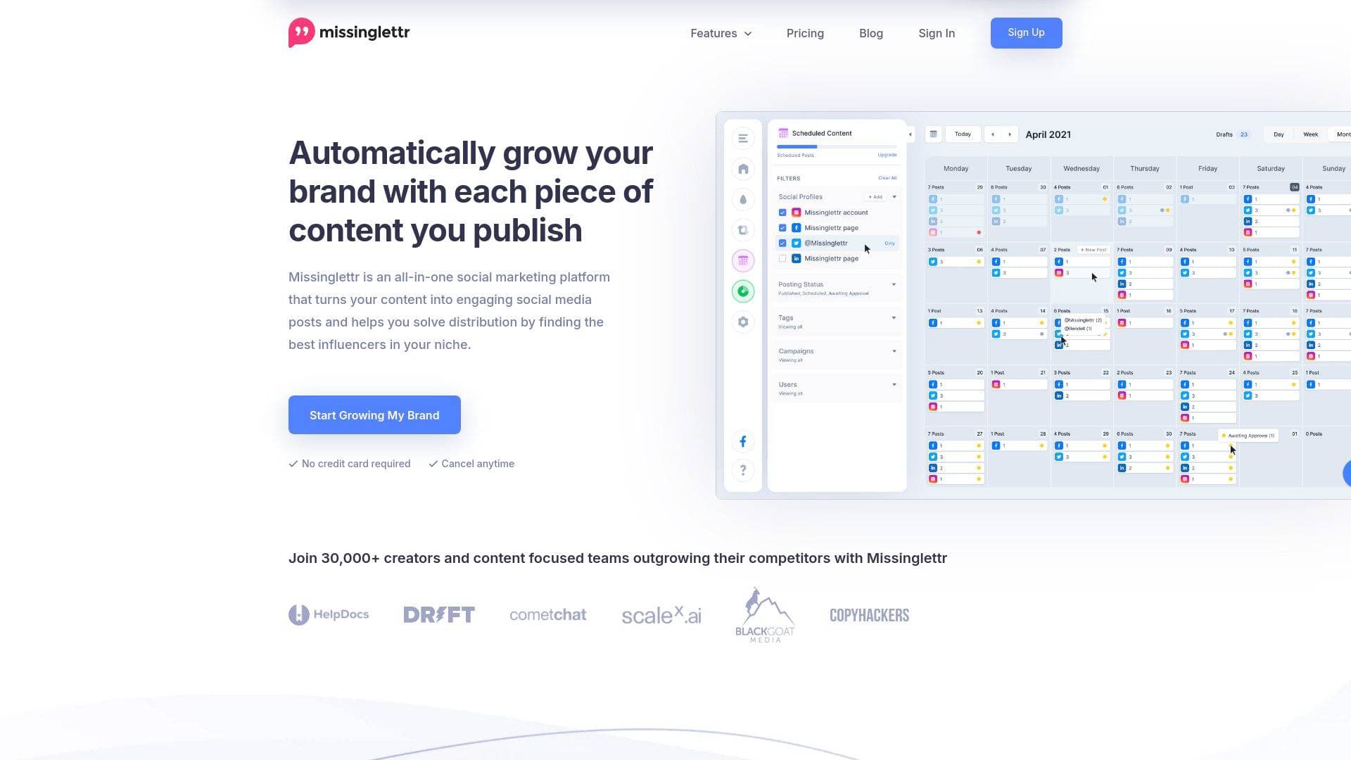 Missinglettr interface screenshot showing main features and user interface