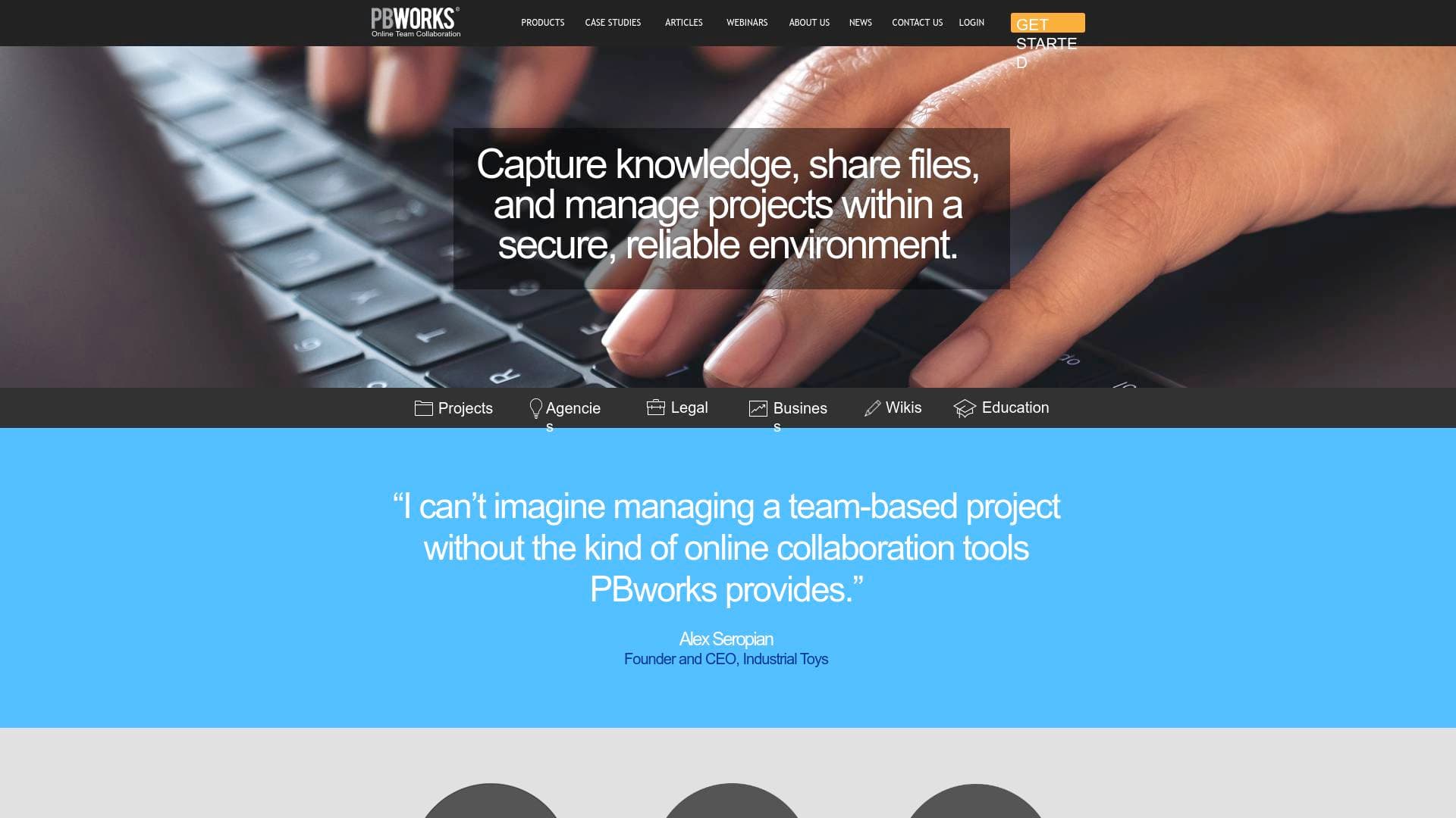 PBWorks interface screenshot showing main features and user interface