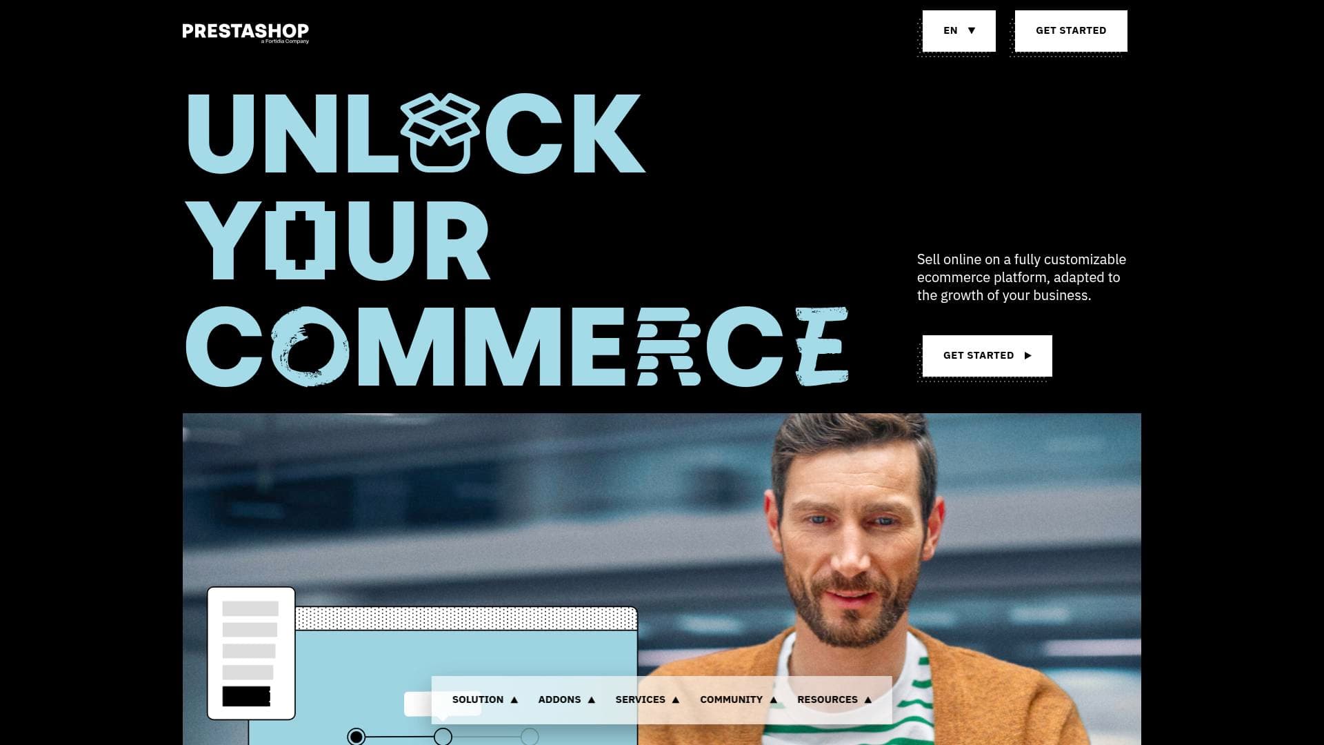 PrestaShop interface screenshot showing main features and user interface