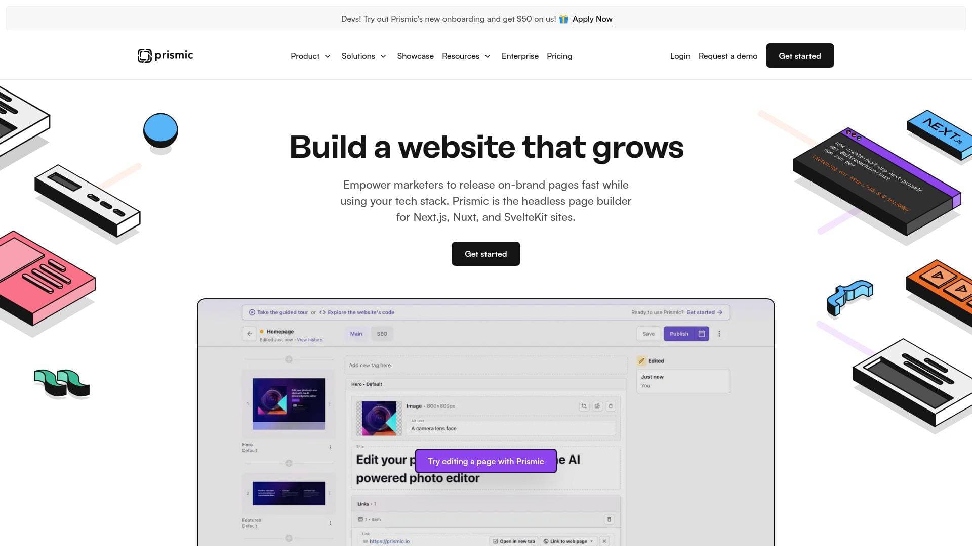 Prismic interface screenshot showing main features and user interface