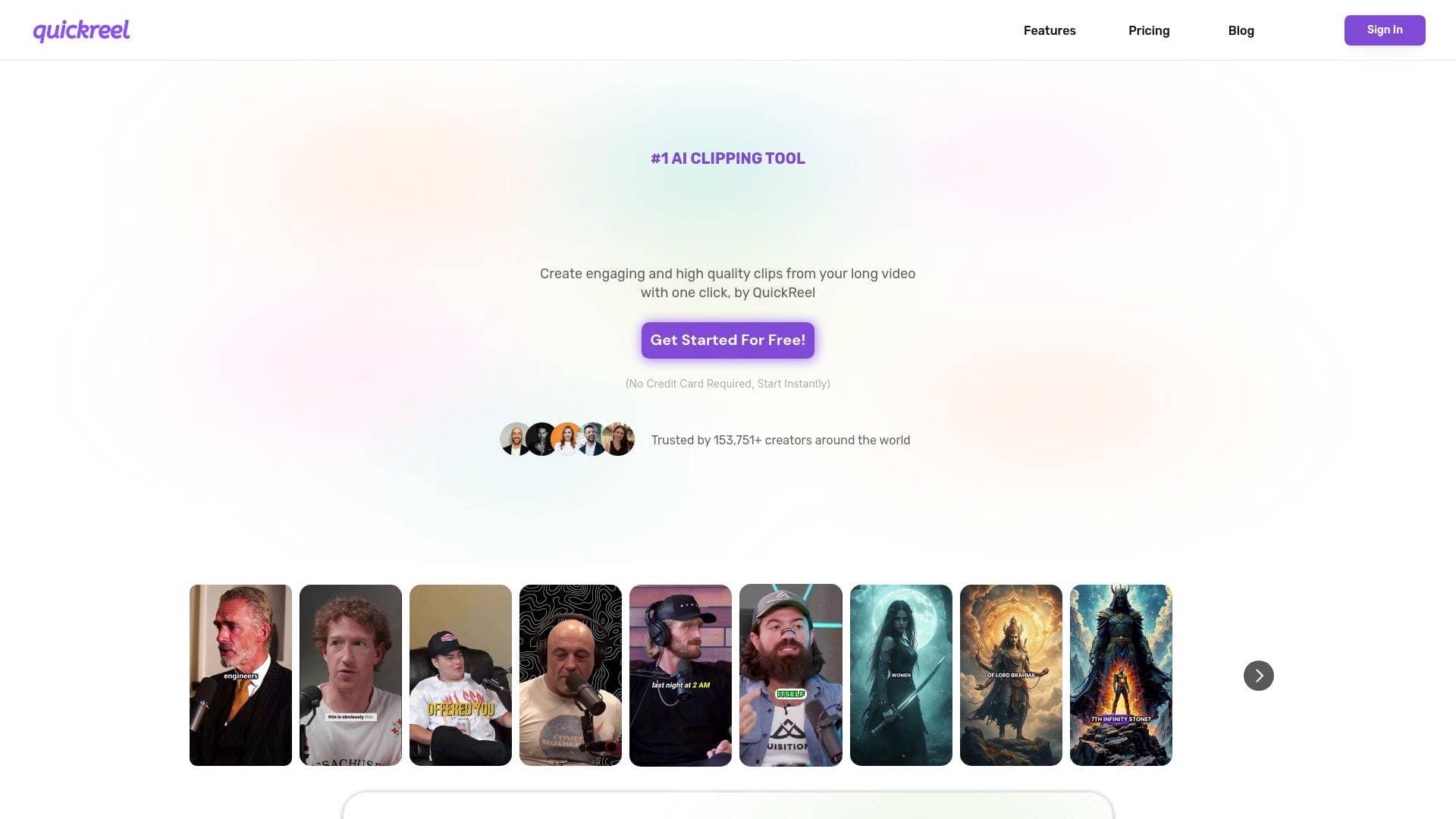 QuickReel interface screenshot showing main features and user interface