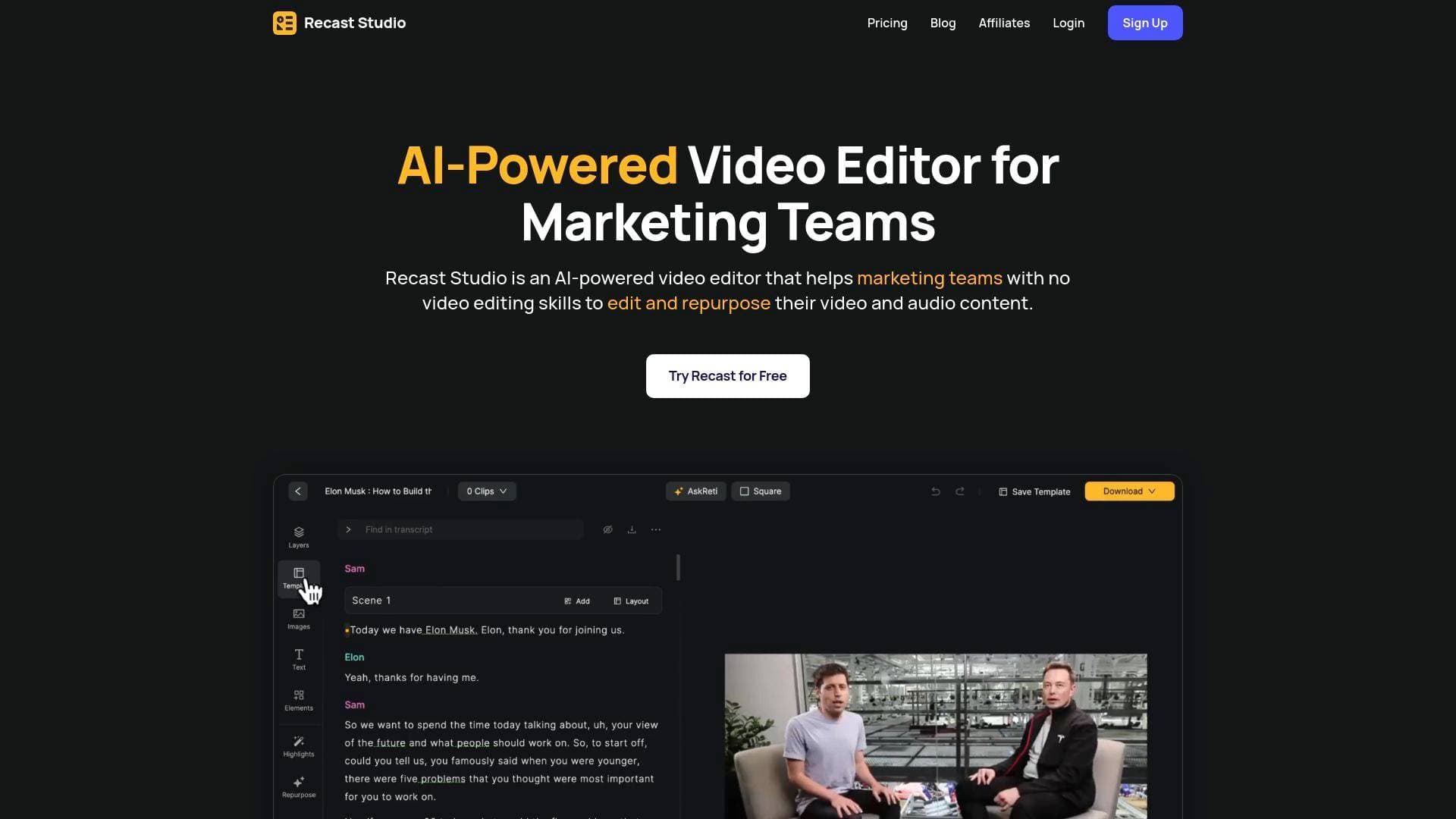 Recast Studio interface screenshot showing main features and user interface