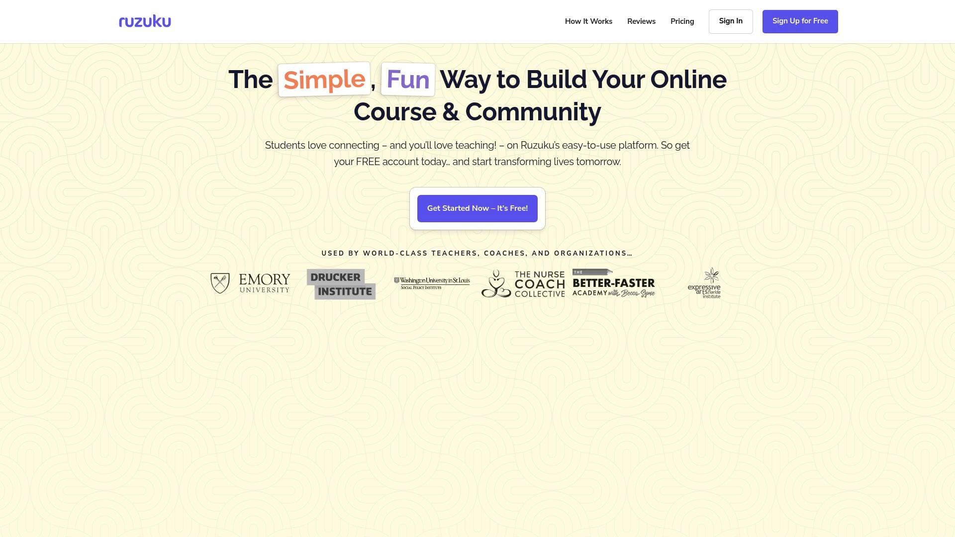 Ruzuku interface screenshot showing main features and user interface