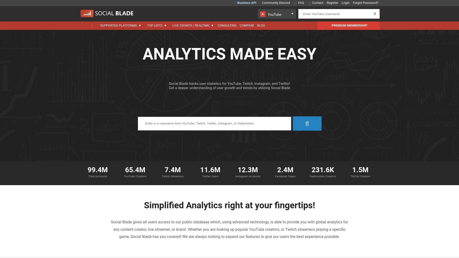 SocialBlade interface screenshot showing main features and user interface
