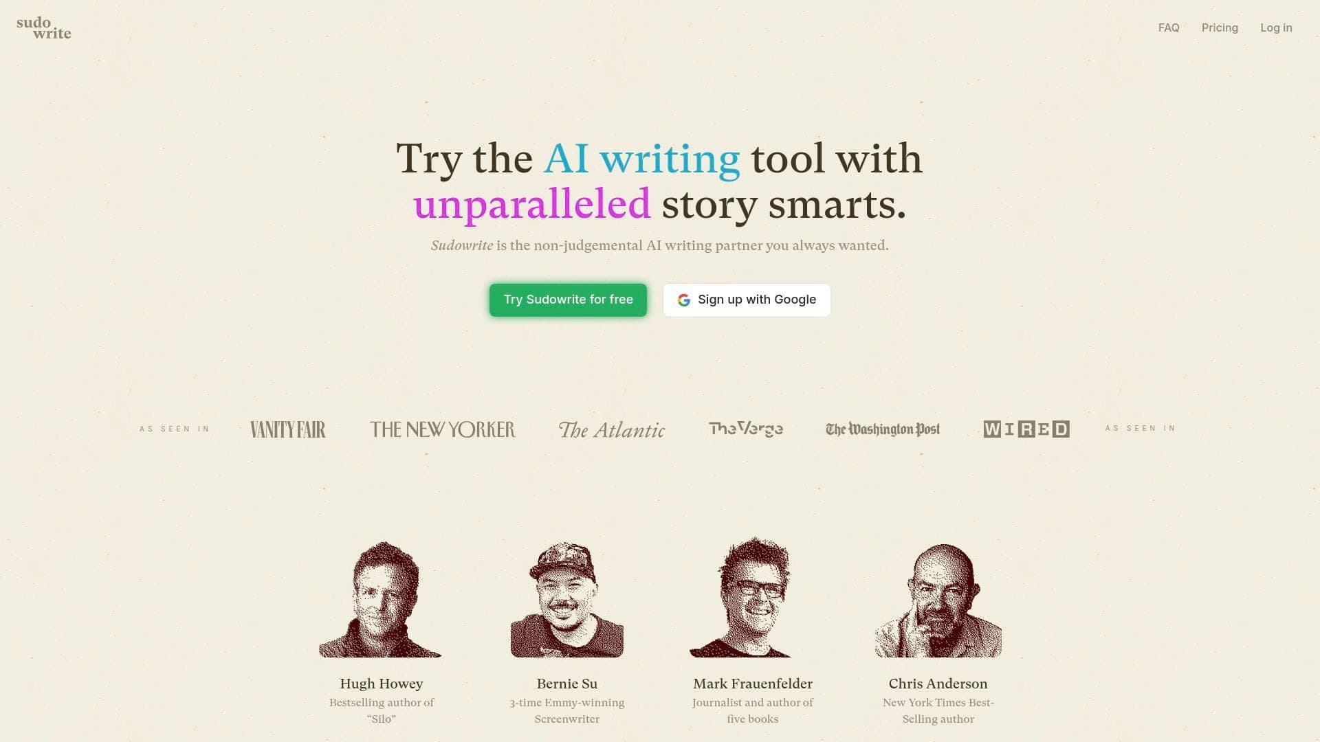 Sudowrite interface screenshot showing main features and user interface