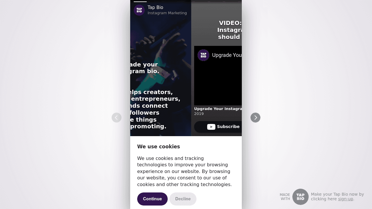 Tap Bio interface screenshot showing main features and user interface