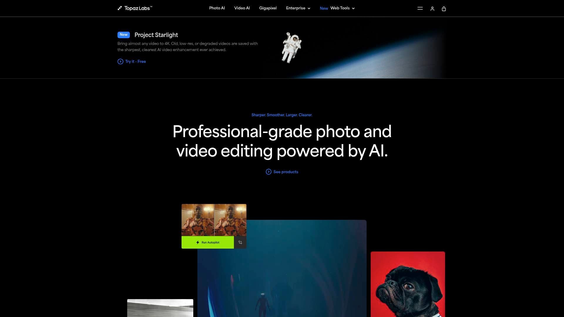 Topaz Video AI interface screenshot showing main features and user interface