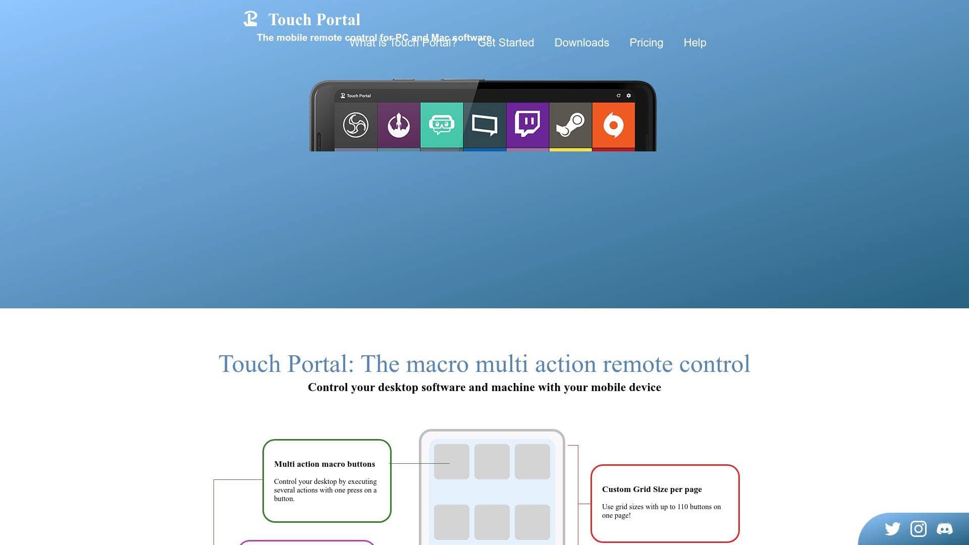 Touch Portal interface screenshot showing main features and user interface
