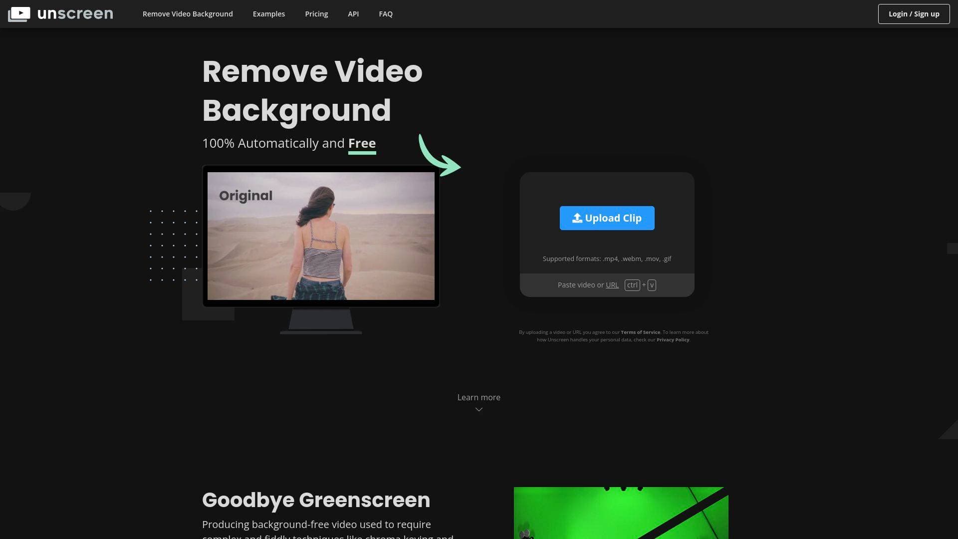 Unscreen interface screenshot showing main features and user interface