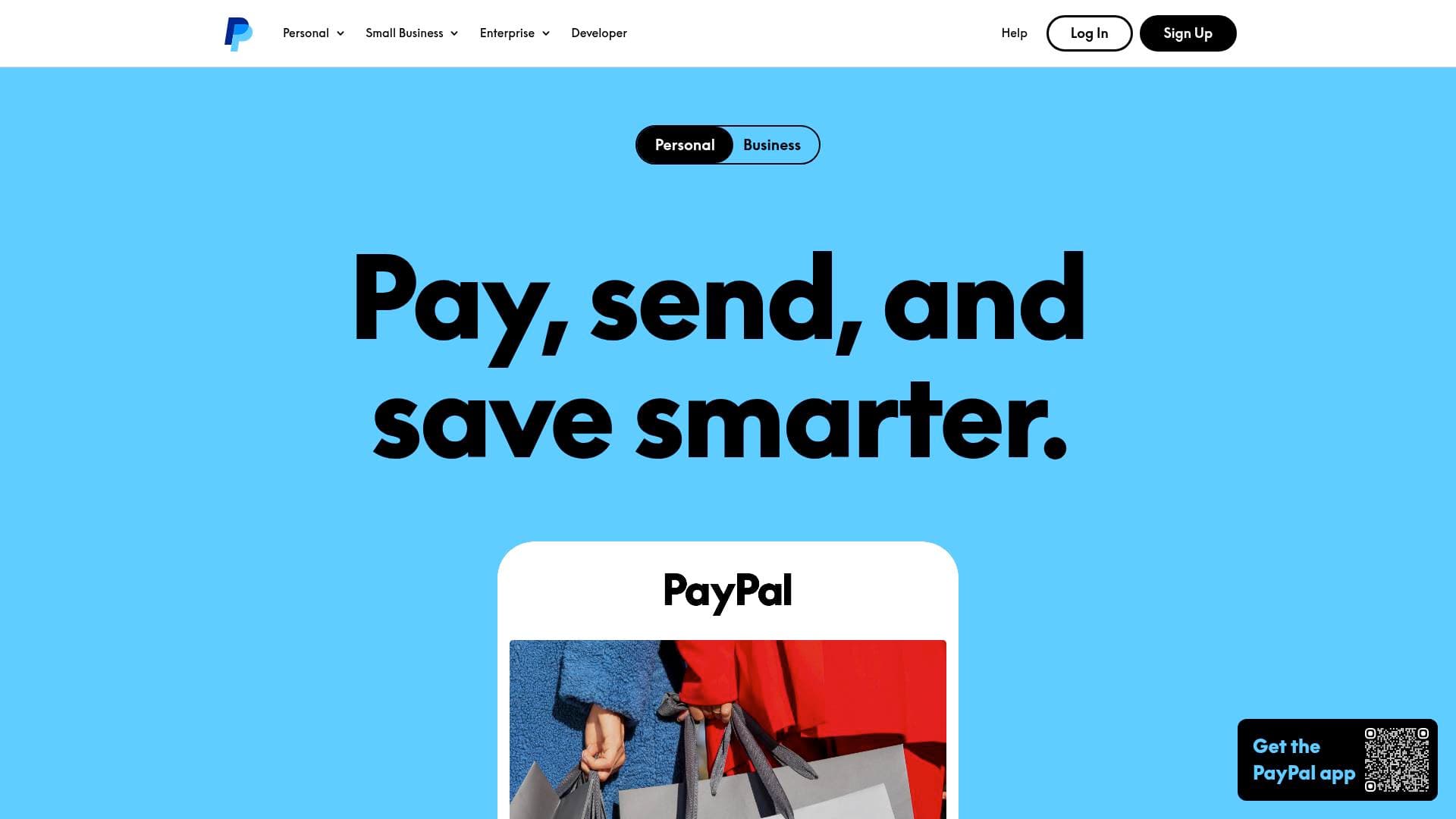 PayPal interface screenshot showing main features and user interface