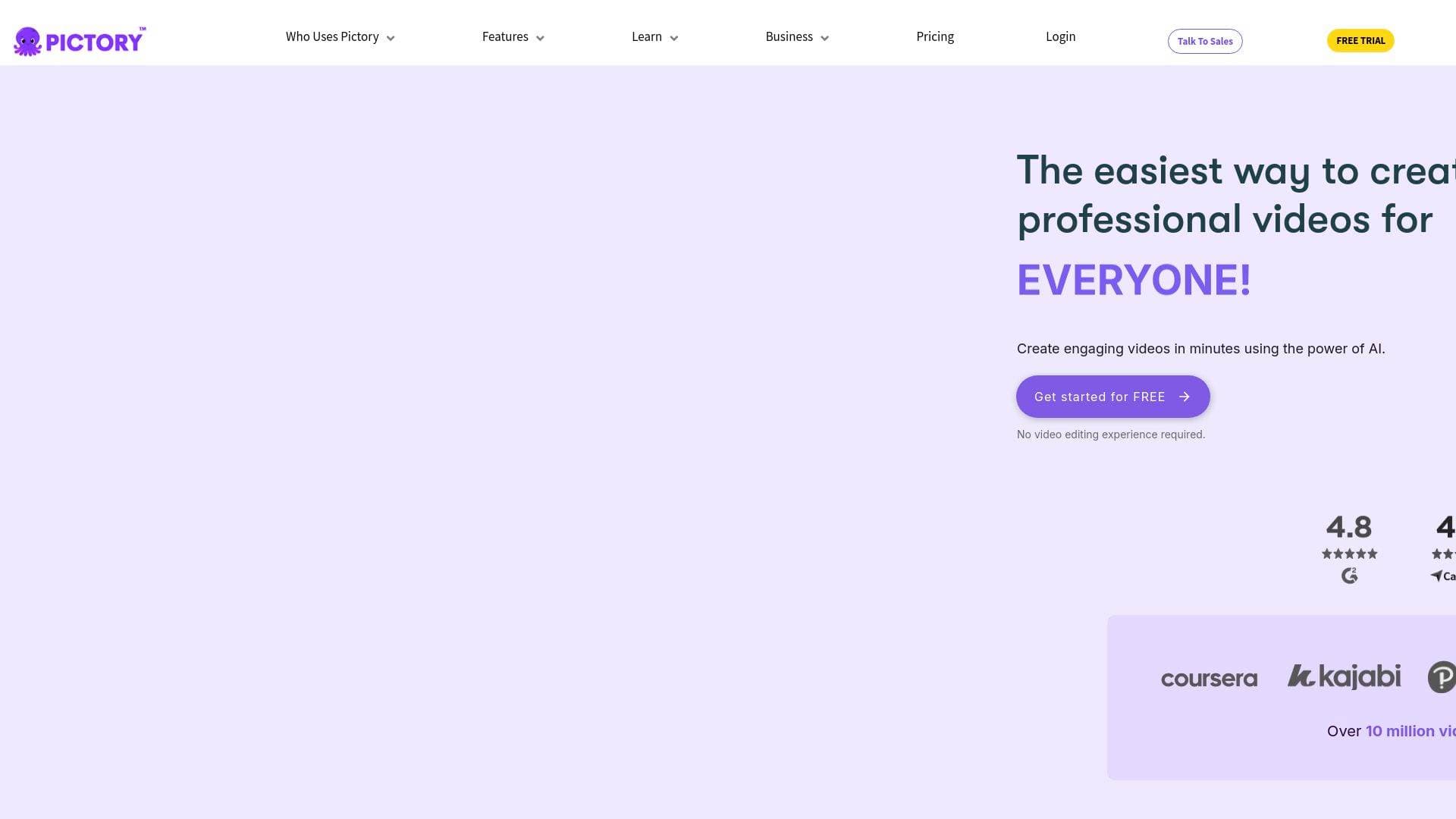 Pictory interface screenshot showing main features and user interface