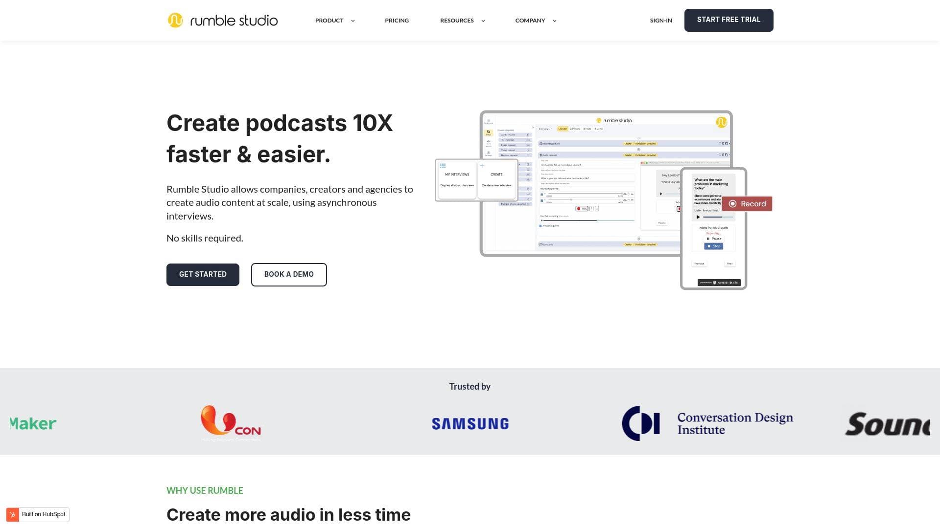 Rumble Studio interface screenshot showing main features and user interface