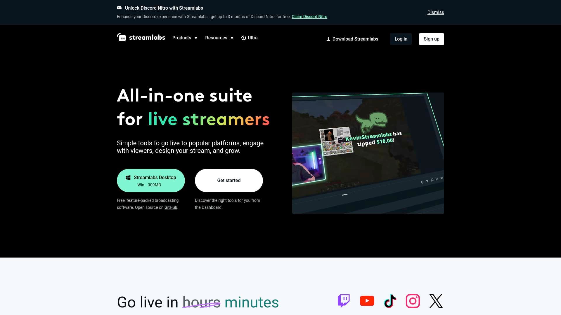 Streamlabs interface screenshot showing main features and user interface
