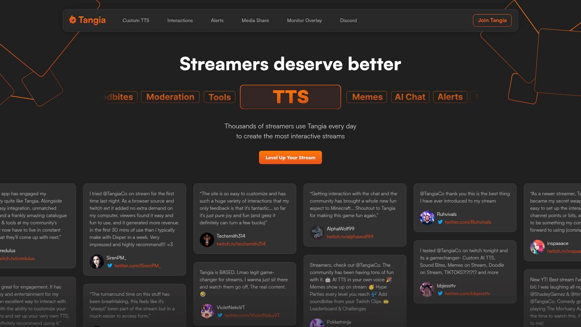 Tangia interface screenshot showing main features and user interface