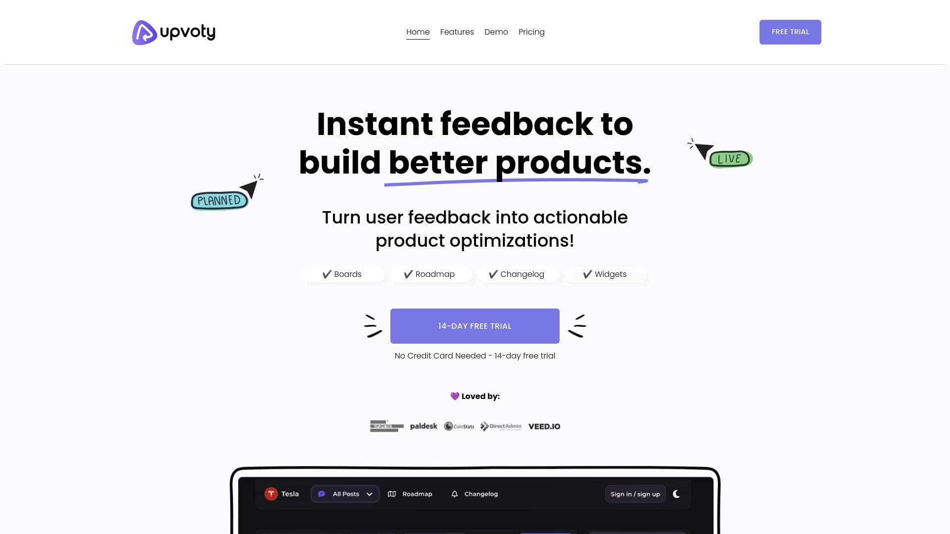Upvoty interface screenshot showing main features and user interface