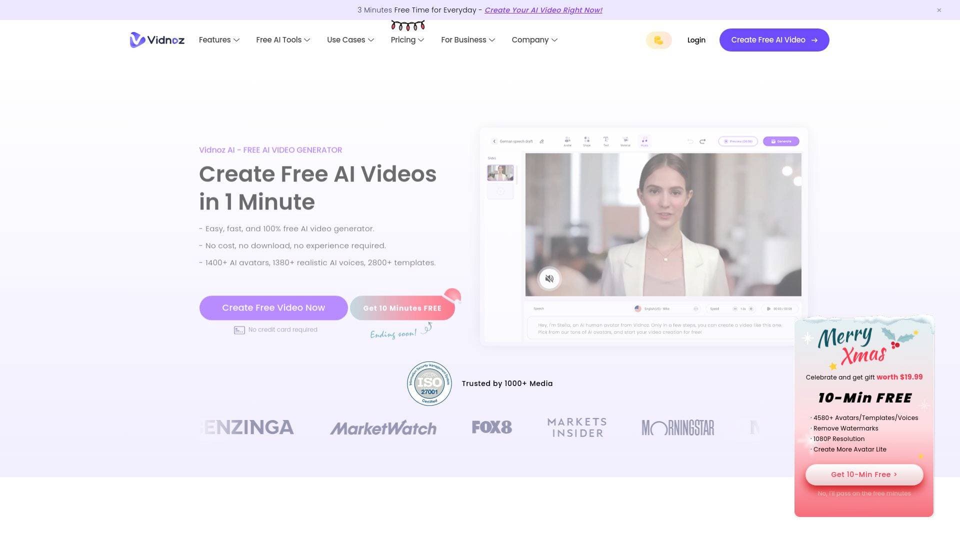 Vidnoz interface screenshot showing main features and user interface