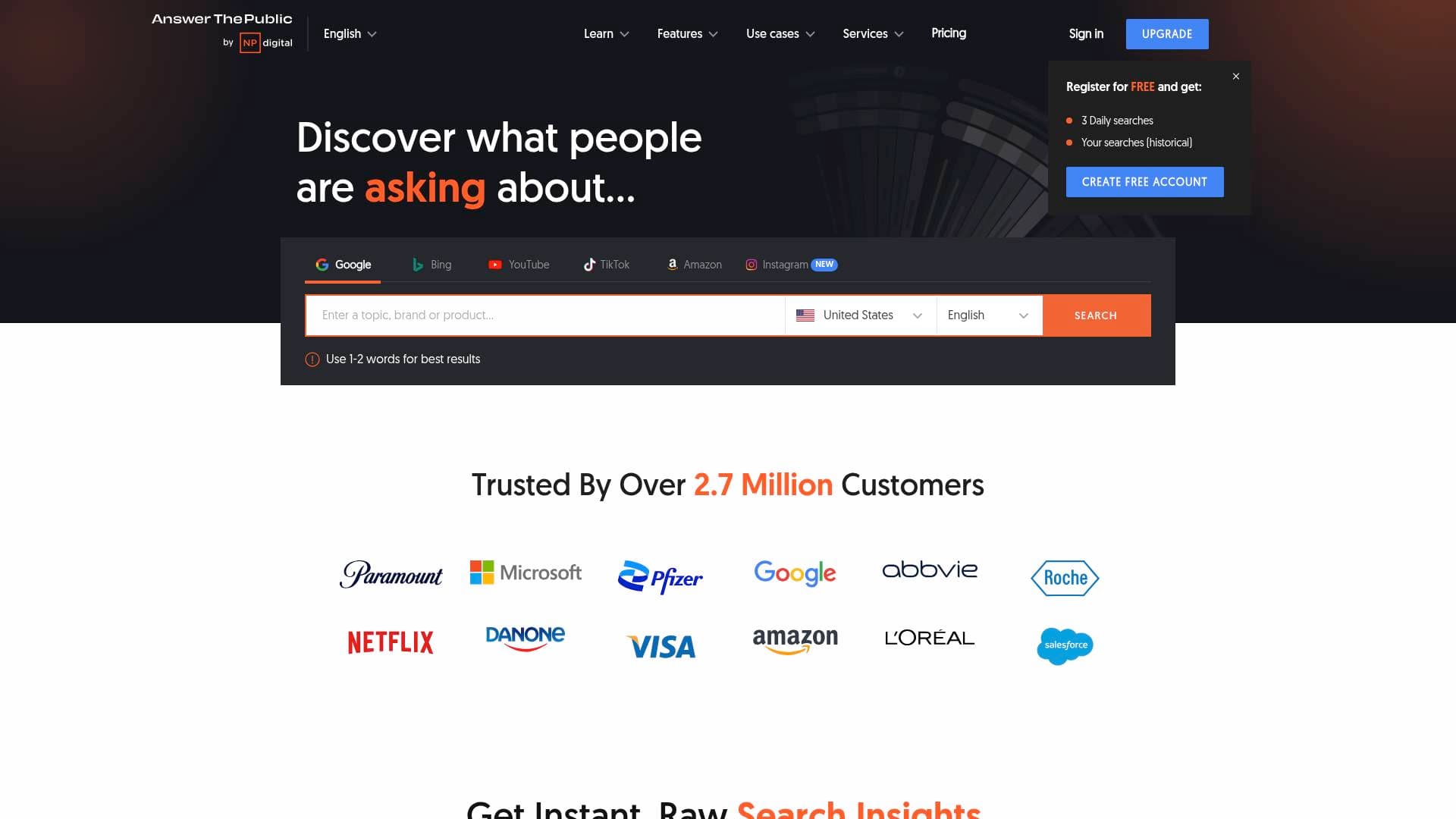 Answerthepublic interface screenshot showing main features and user interface
