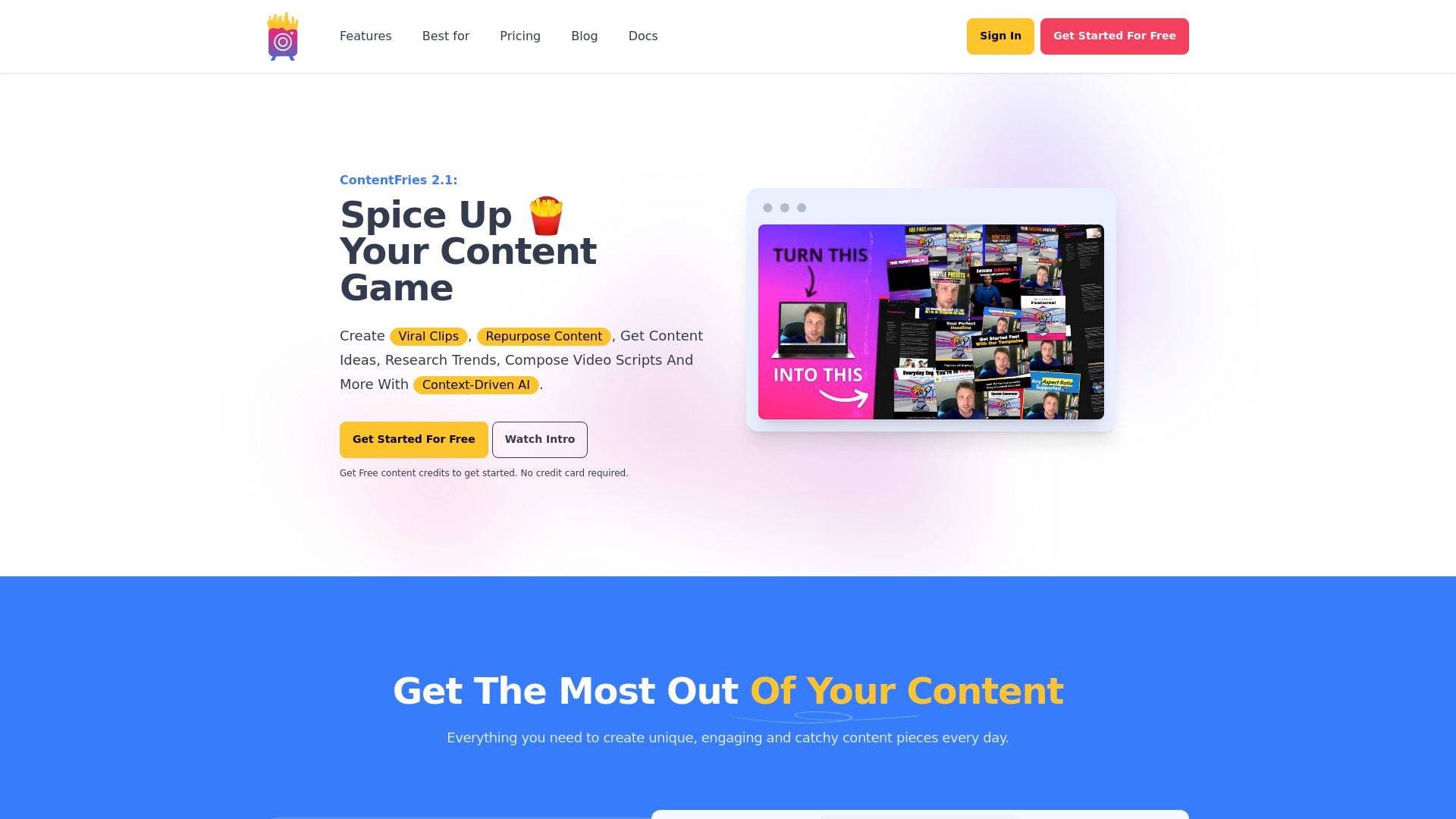 ContentFries interface screenshot showing main features and user interface