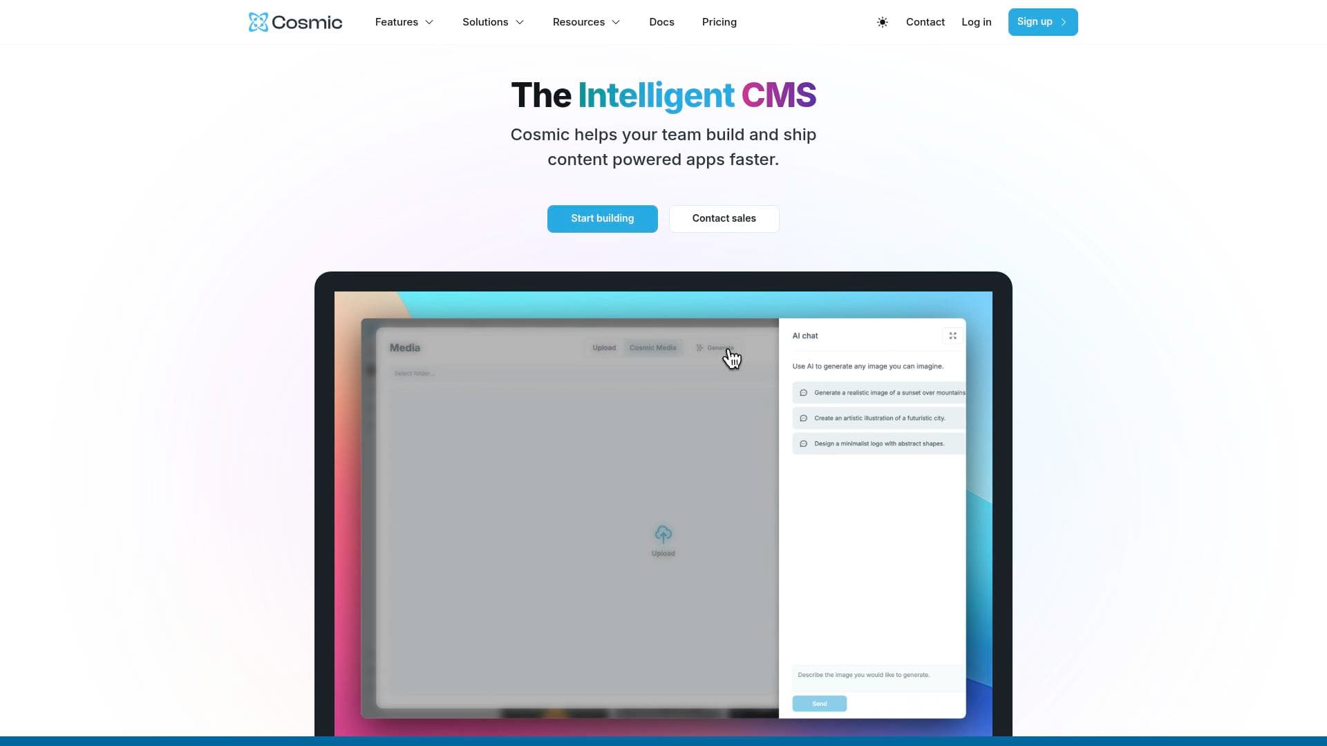 Cosmic JS interface screenshot showing main features and user interface