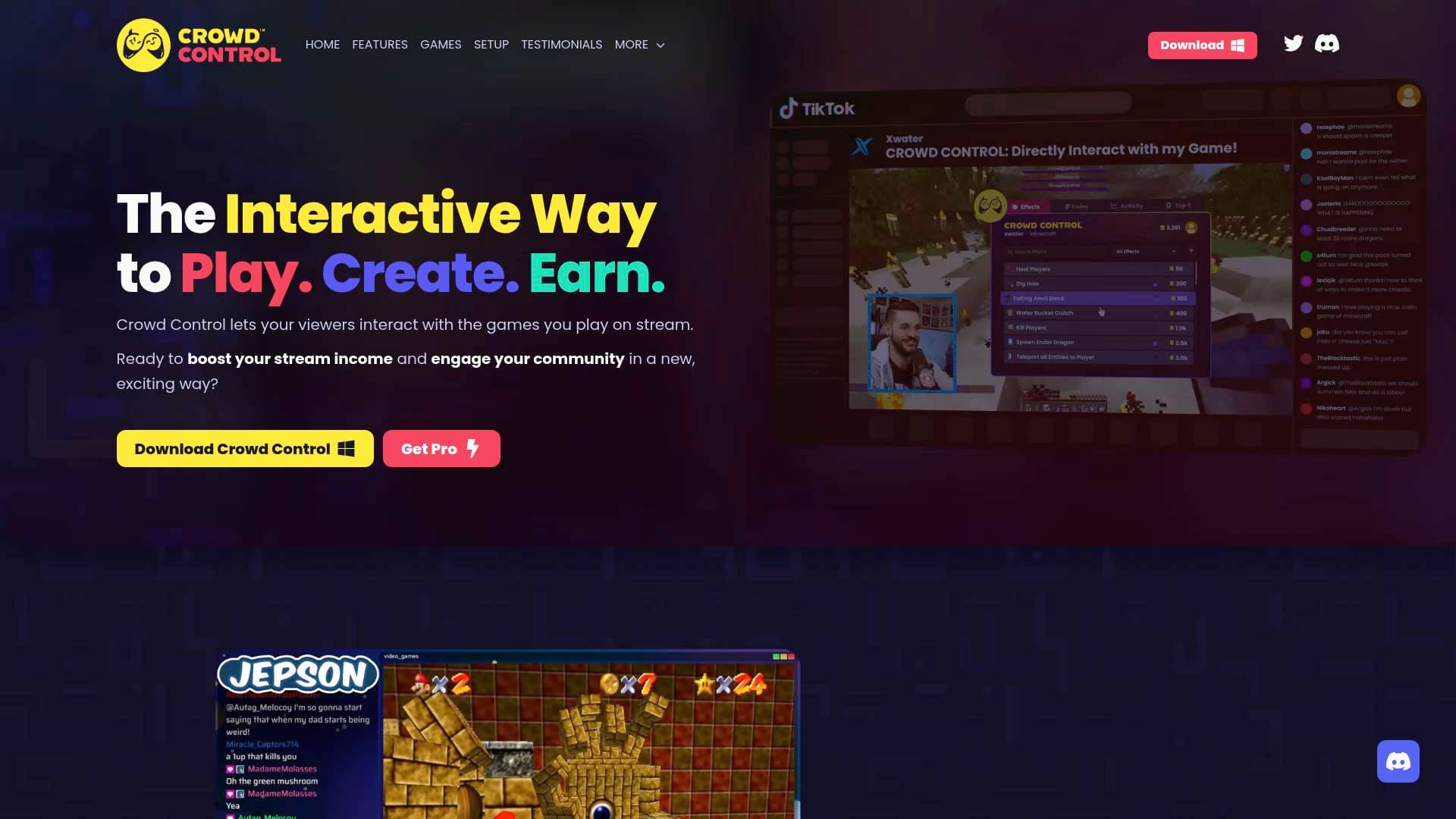Crowd Control interface screenshot showing main features and user interface