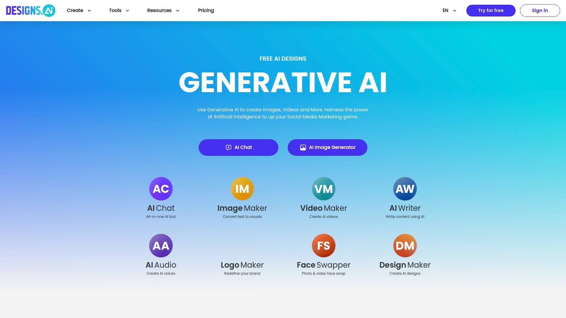Designs AI interface screenshot showing main features and user interface
