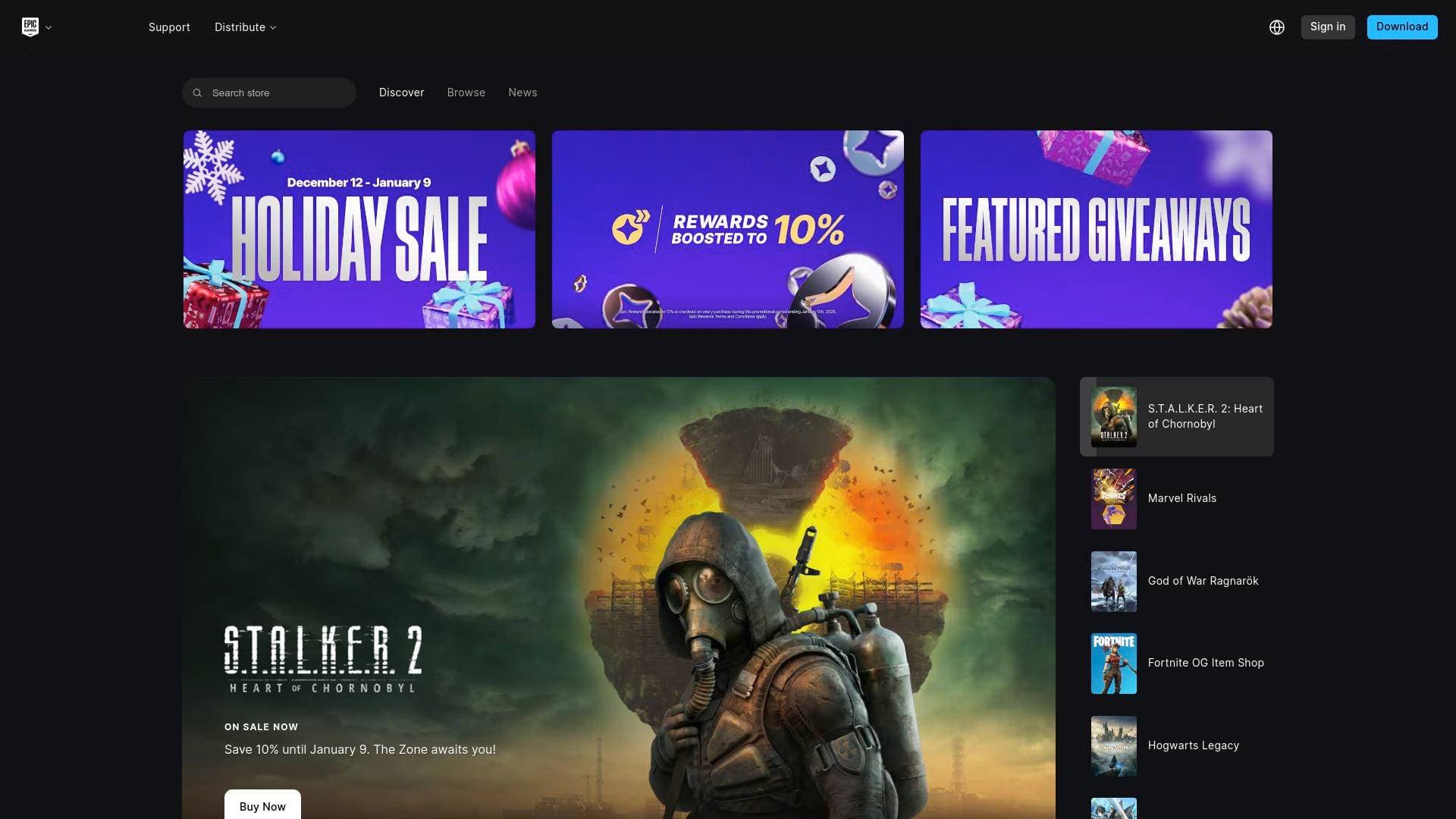 Epic Games interface screenshot showing main features and user interface