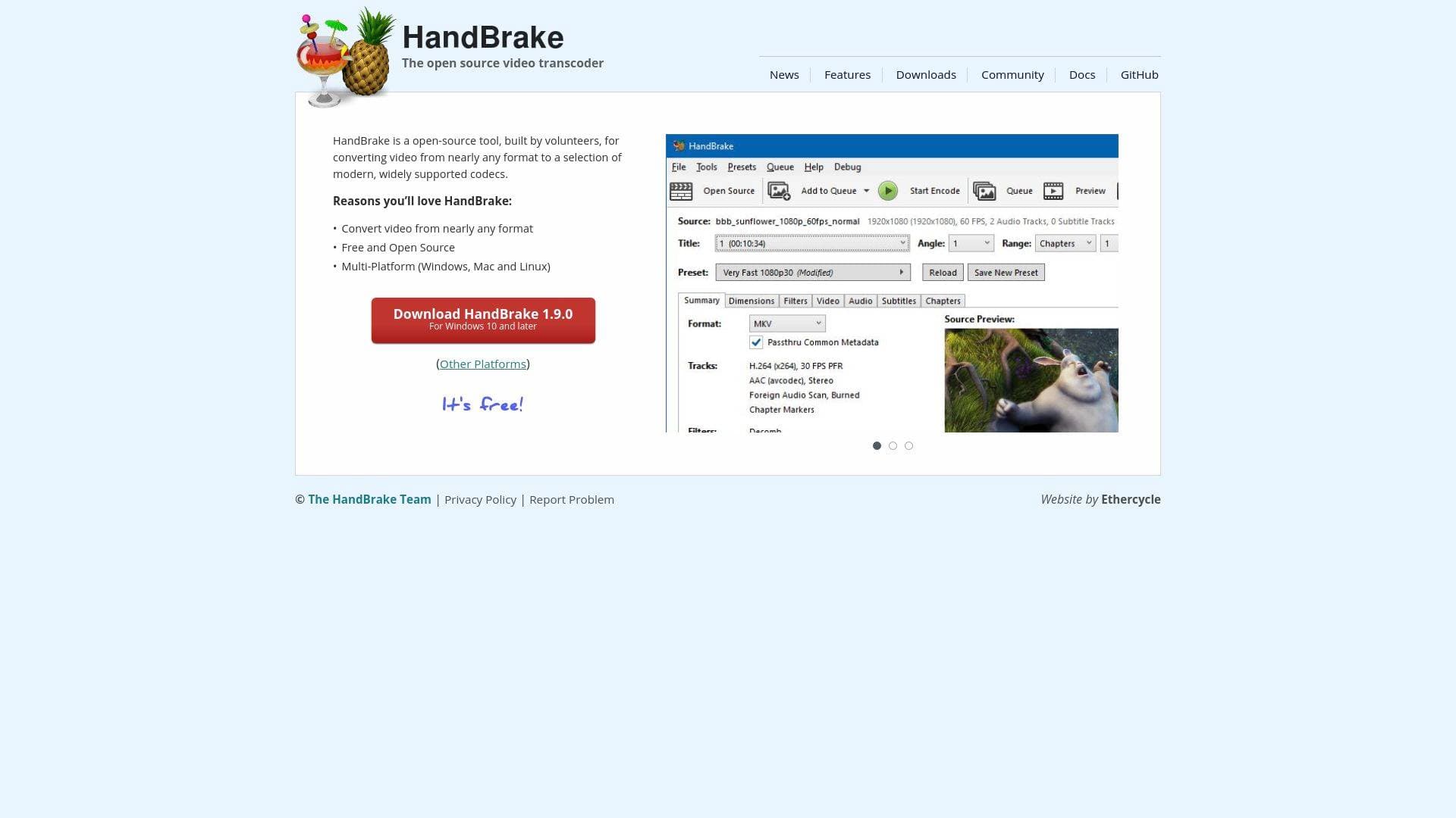 HandBrake interface screenshot showing main features and user interface