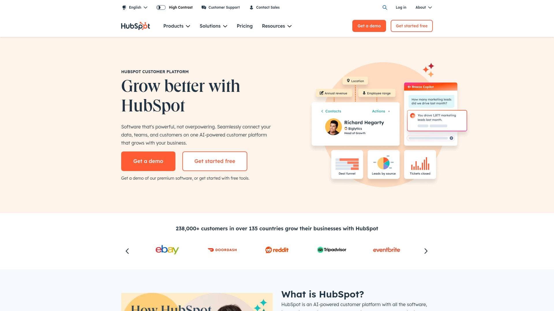 Hubspot interface screenshot showing main features and user interface