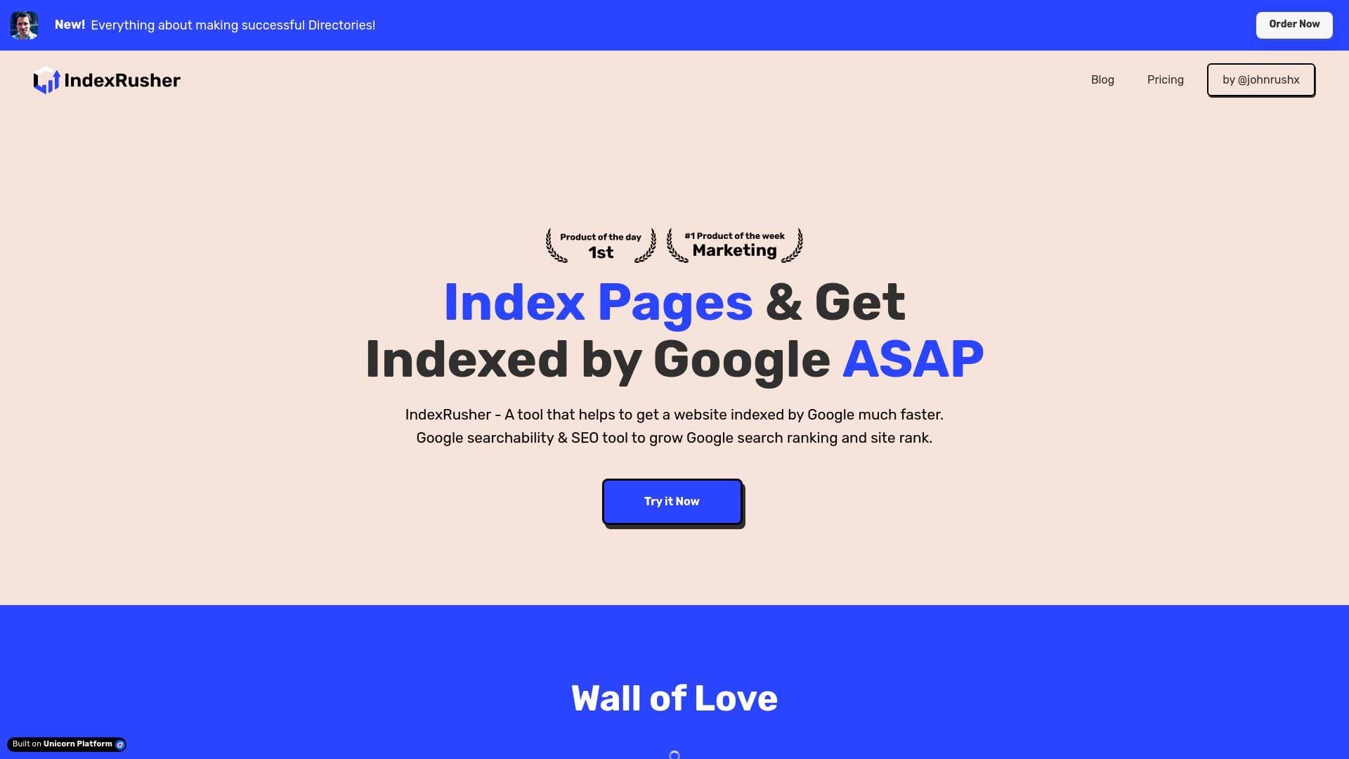 Index Rusher interface screenshot showing main features and user interface