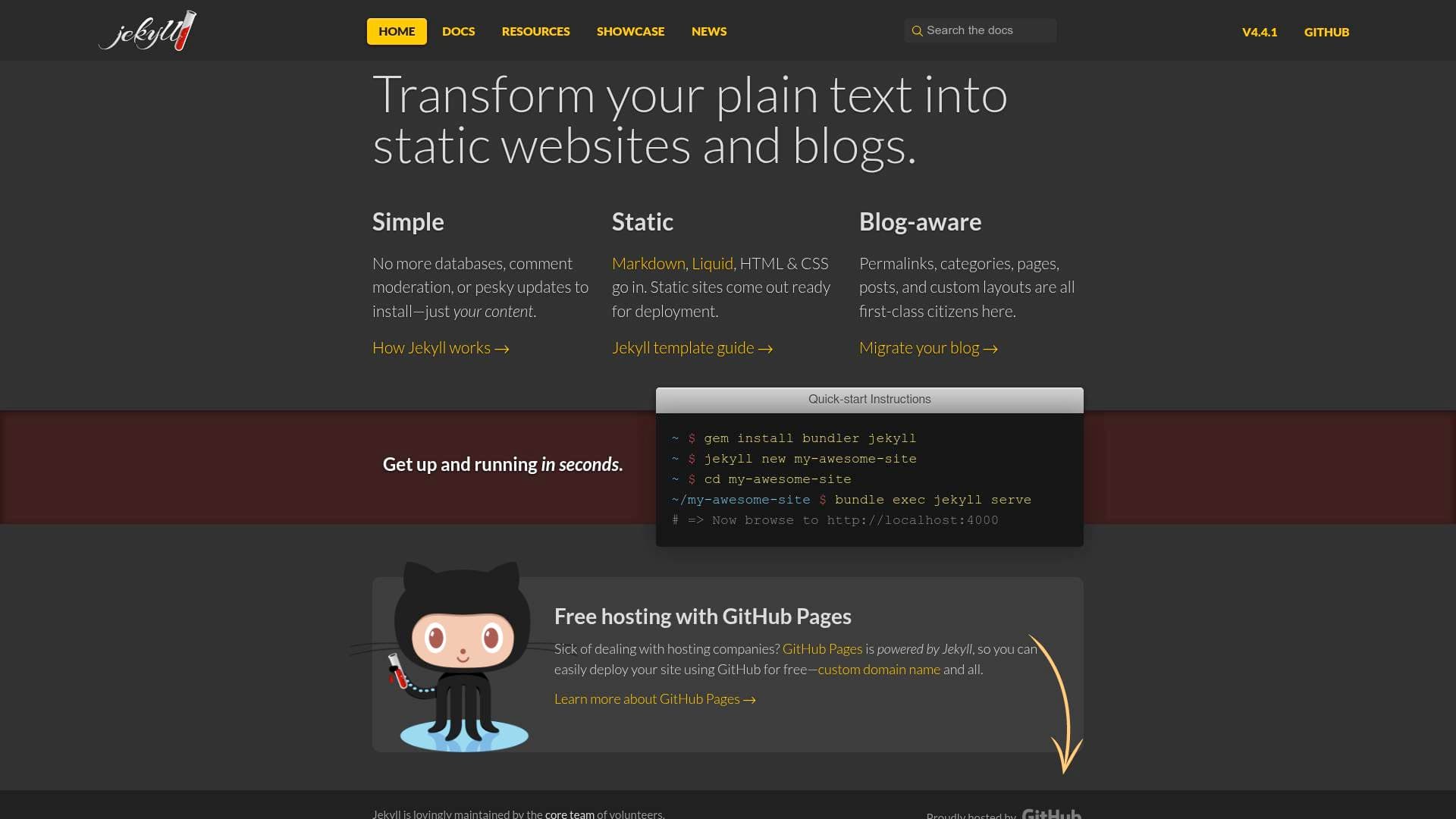 Jekyll interface screenshot showing main features and user interface