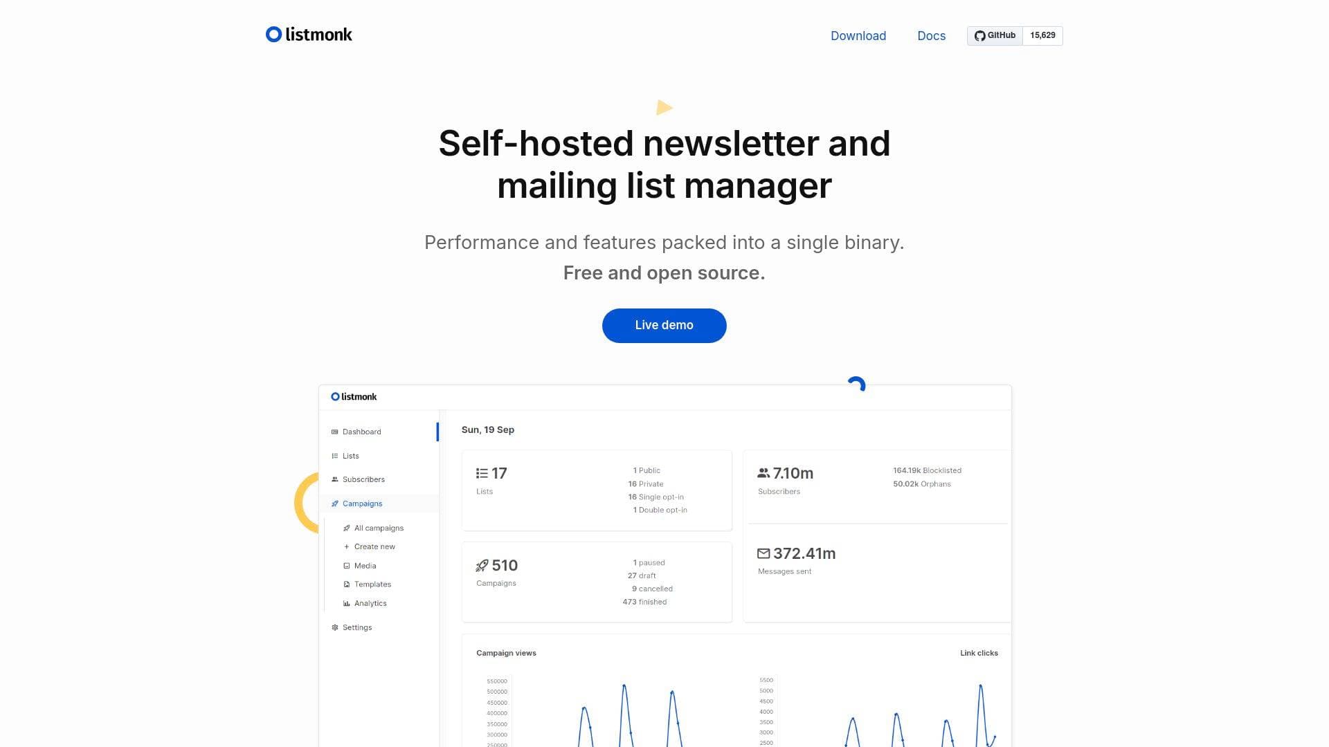 Listmonk interface screenshot showing main features and user interface