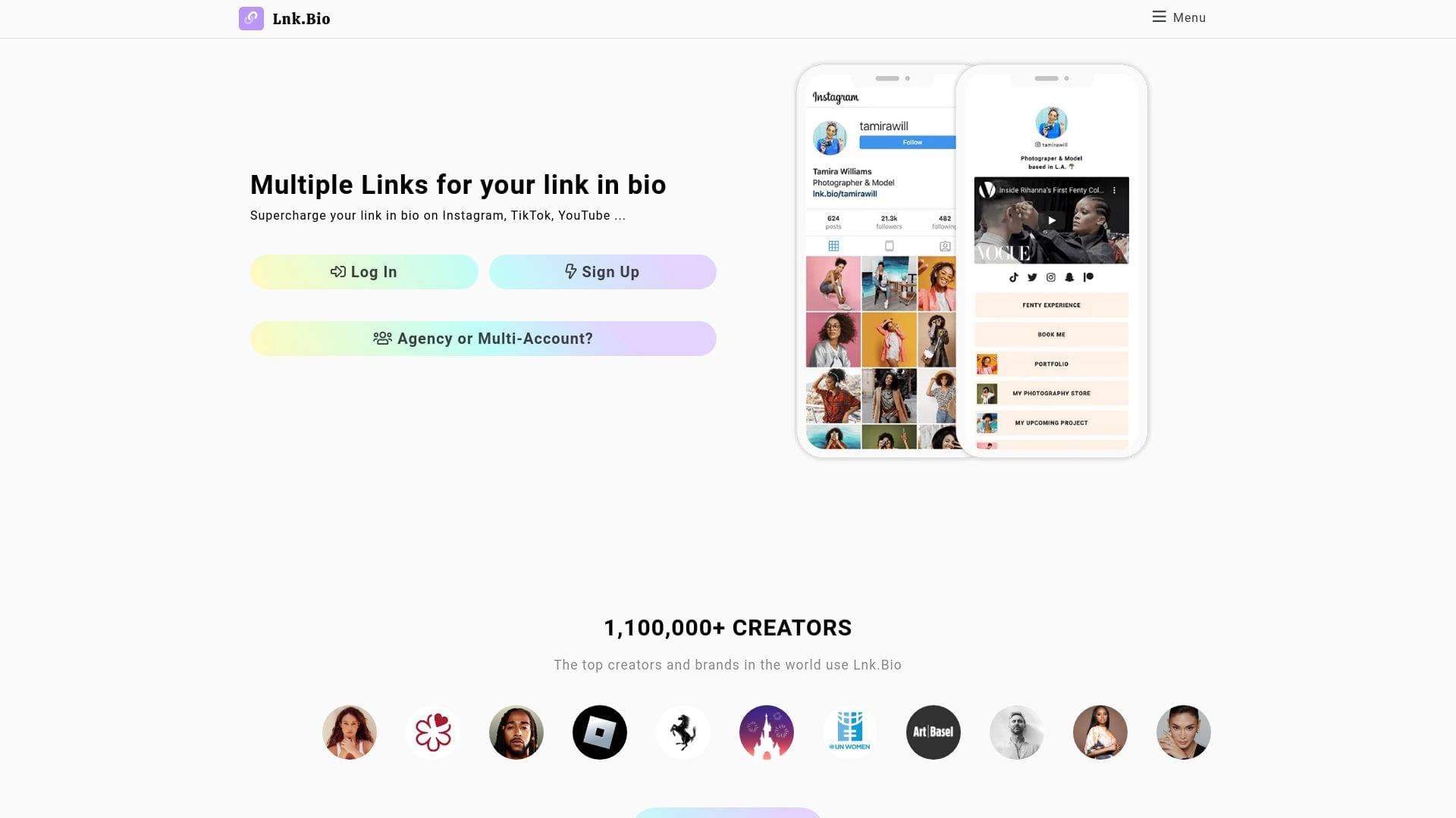Lnk.Bio interface screenshot showing main features and user interface