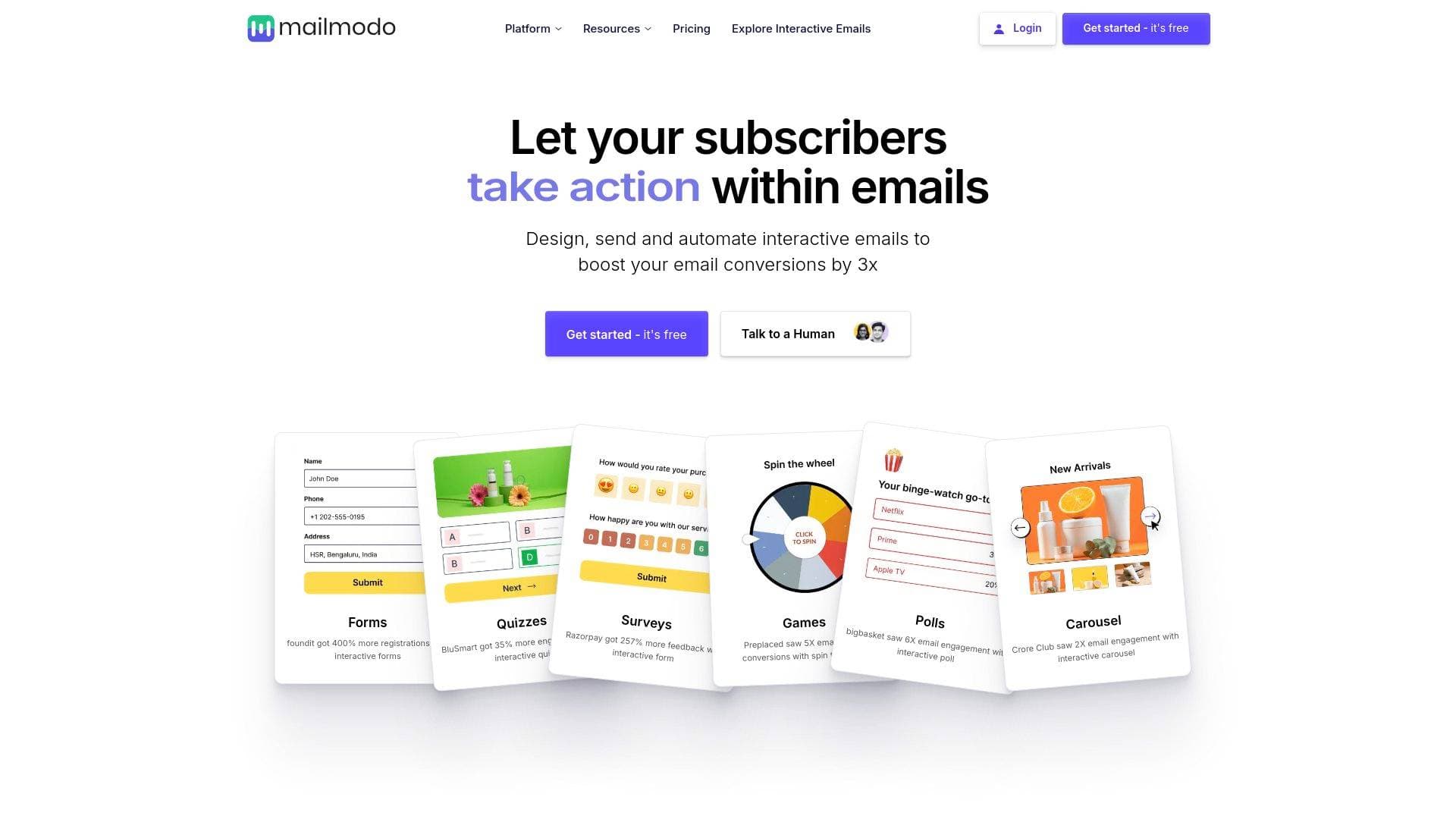 Mailmodo interface screenshot showing main features and user interface