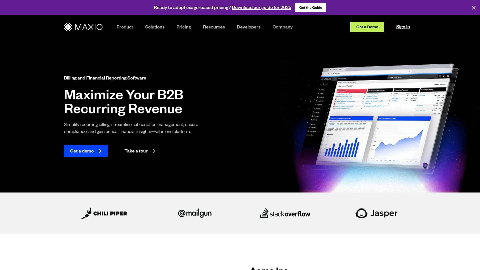 Maxio interface screenshot showing main features and user interface