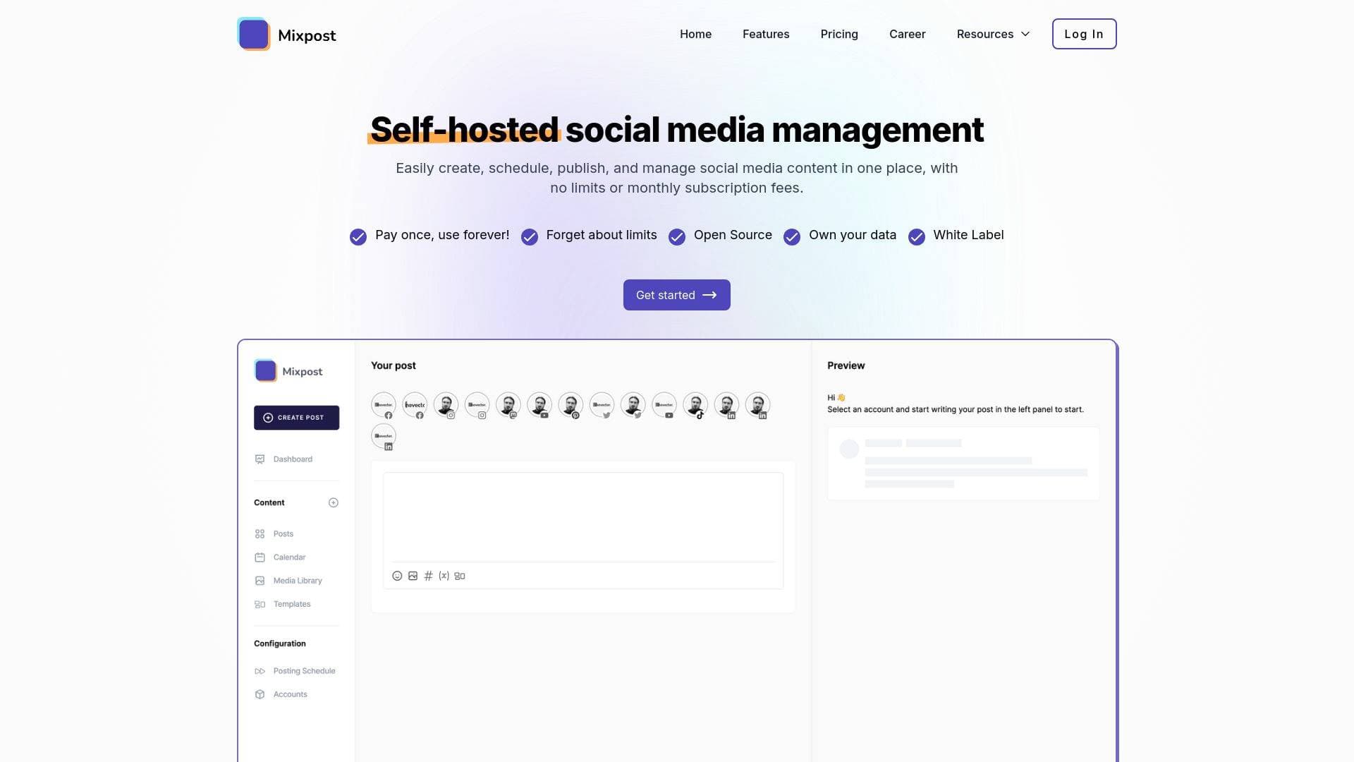 Mixpost interface screenshot showing main features and user interface