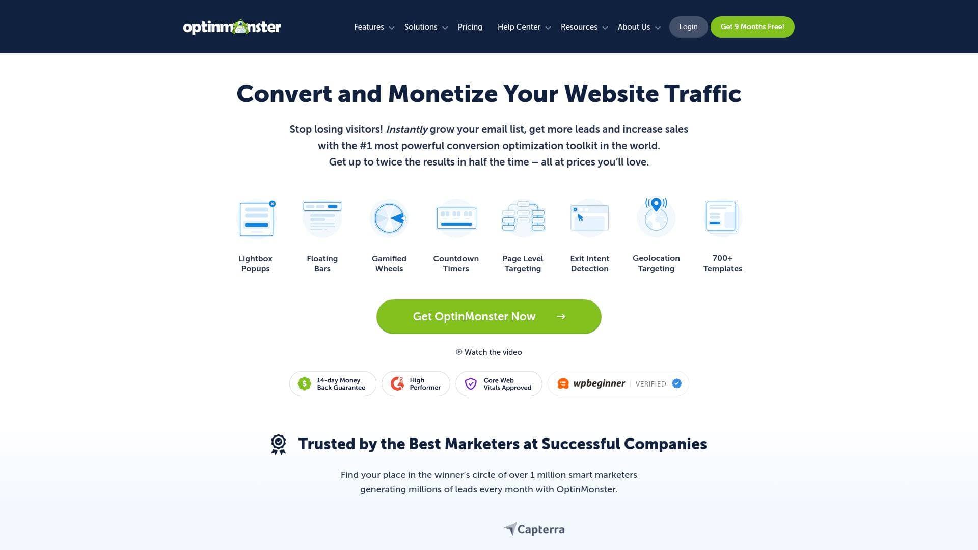 OptinMonster interface screenshot showing main features and user interface