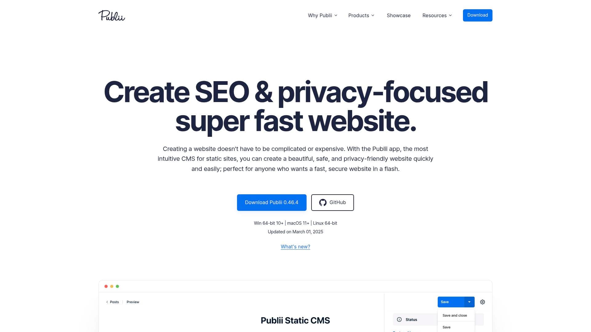 Publii interface screenshot showing main features and user interface