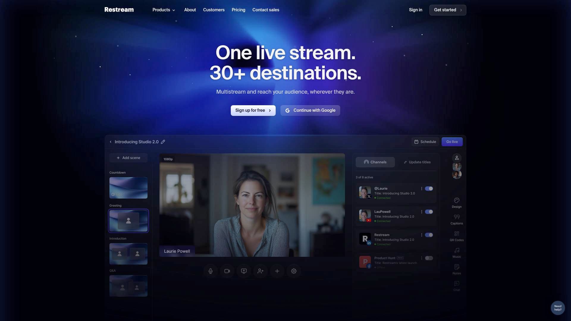 Restream interface screenshot showing main features and user interface