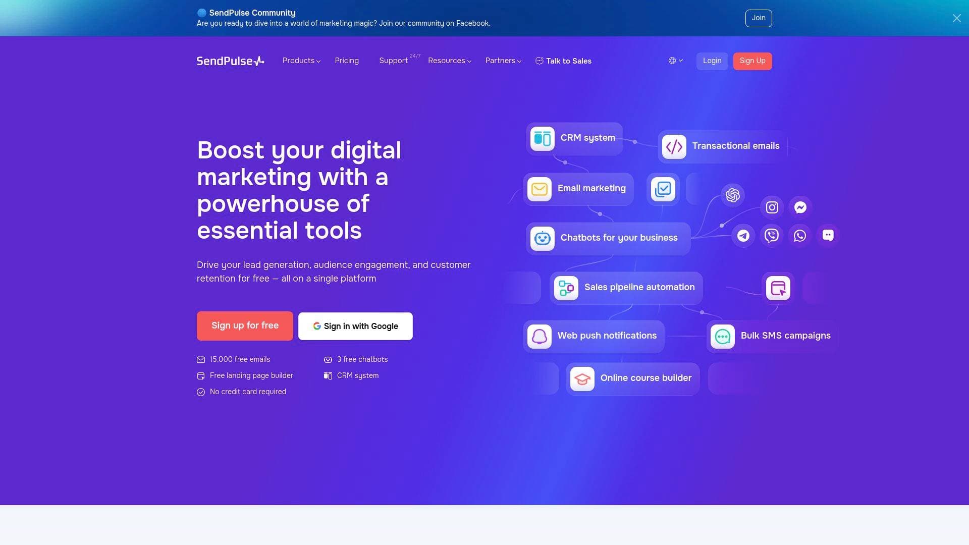 SendPulse interface screenshot showing main features and user interface