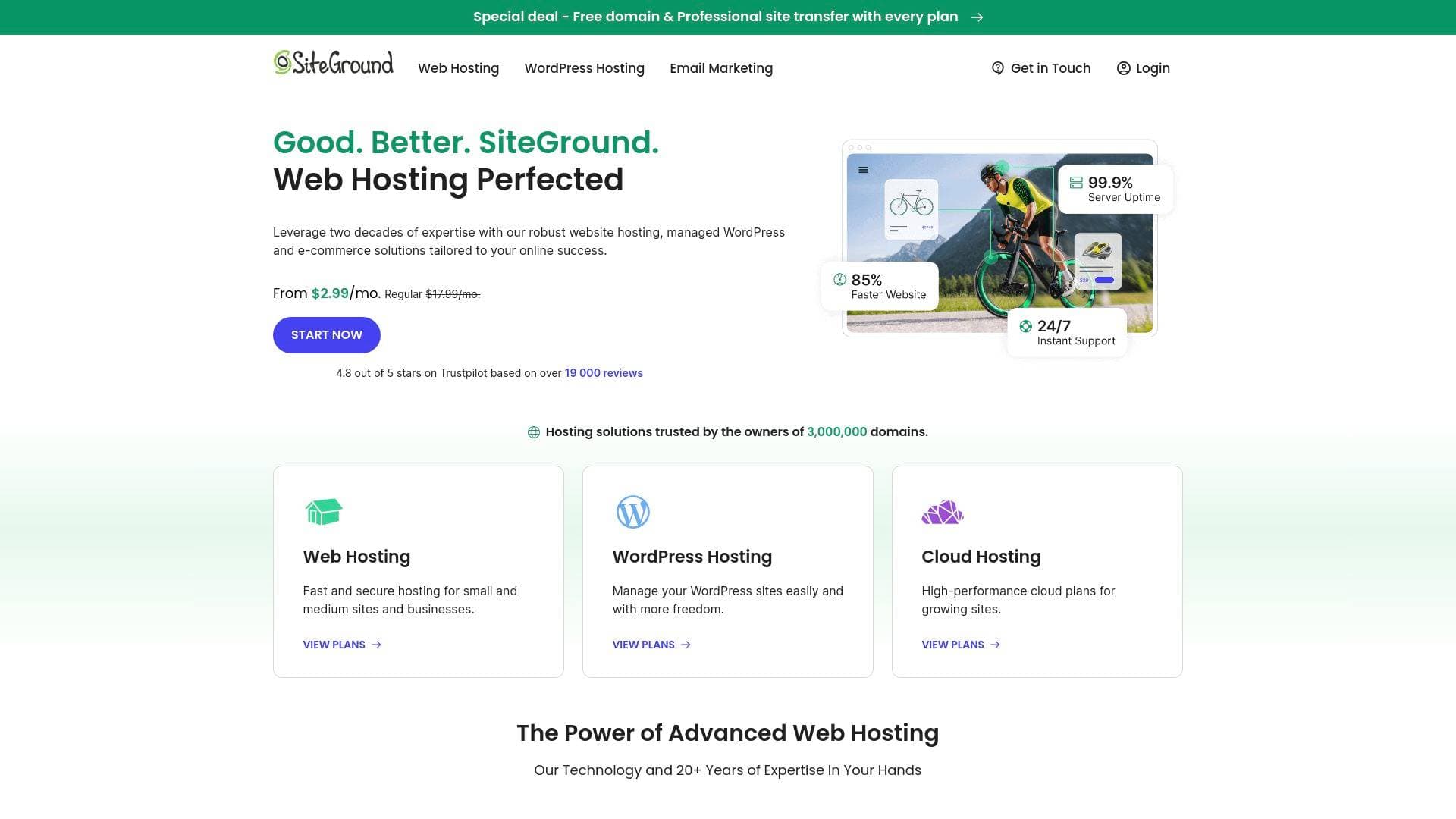 SiteGround interface screenshot showing main features and user interface